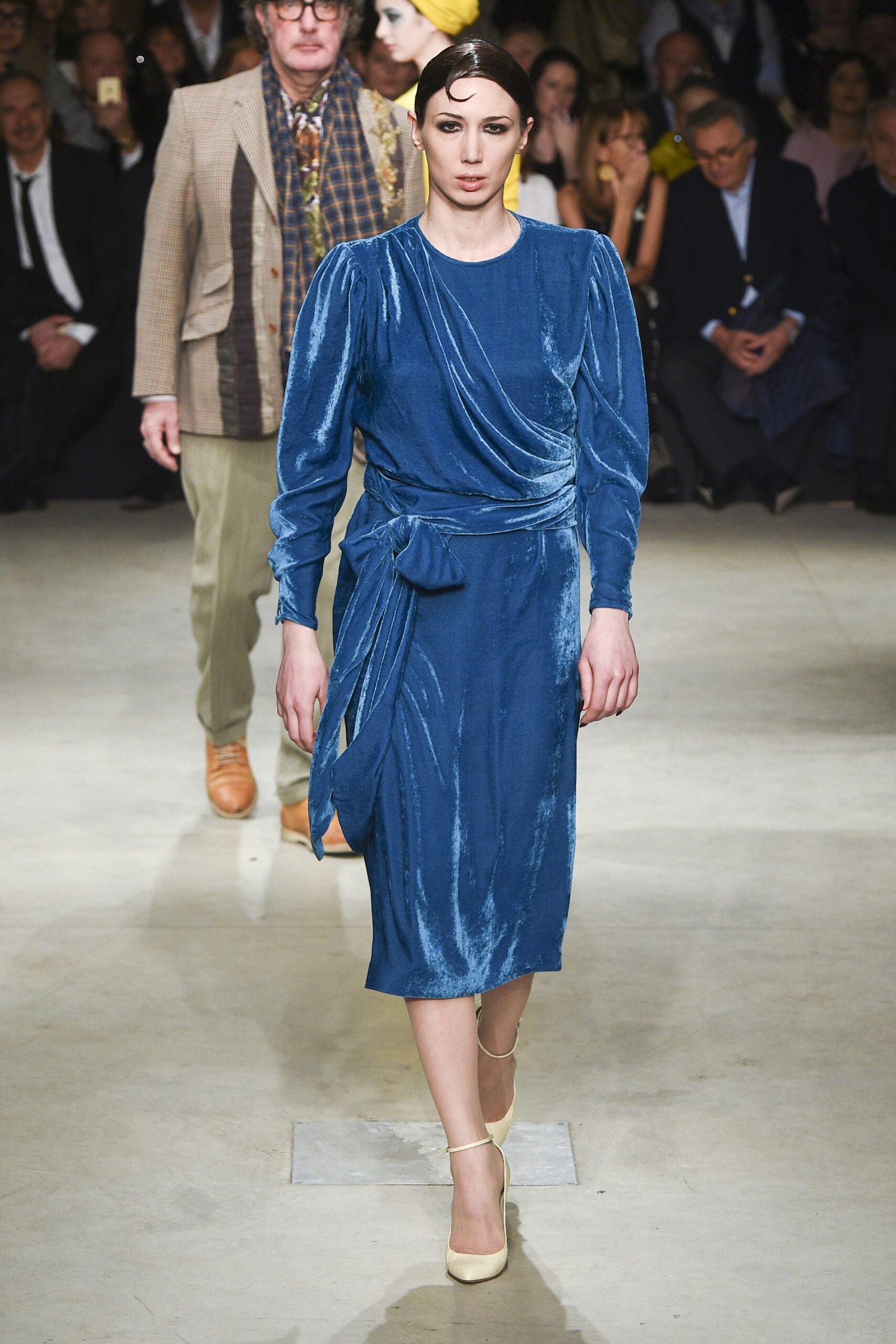 blue velvet long-sleeve dress