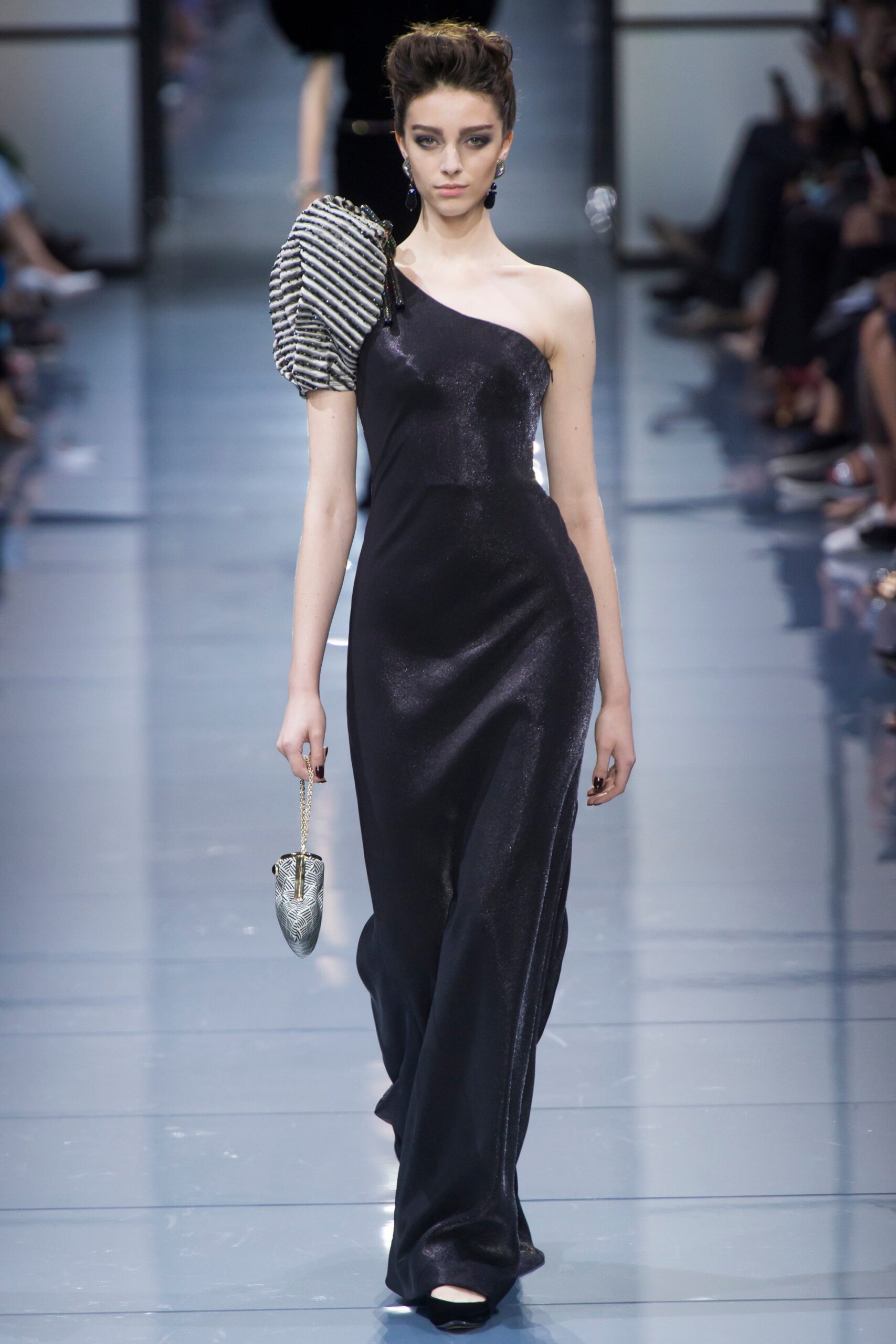 black silk one-shoulder gown