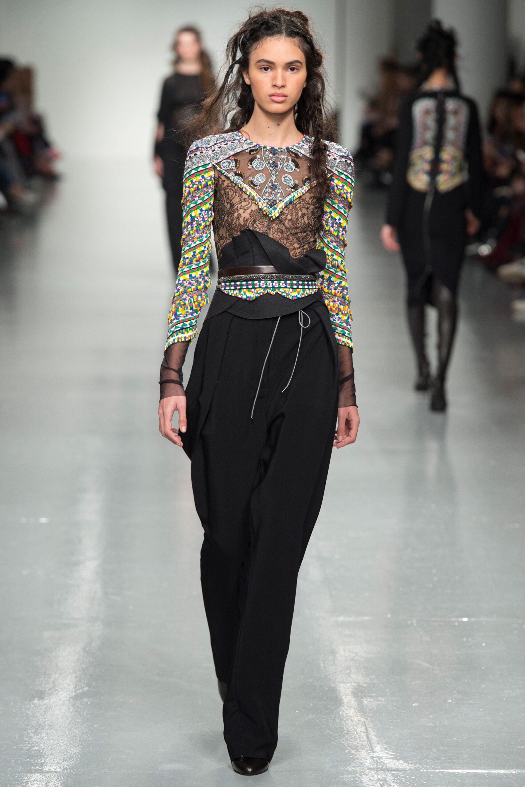 black lace long-sleeve v-neck fitted embroidered sheer top