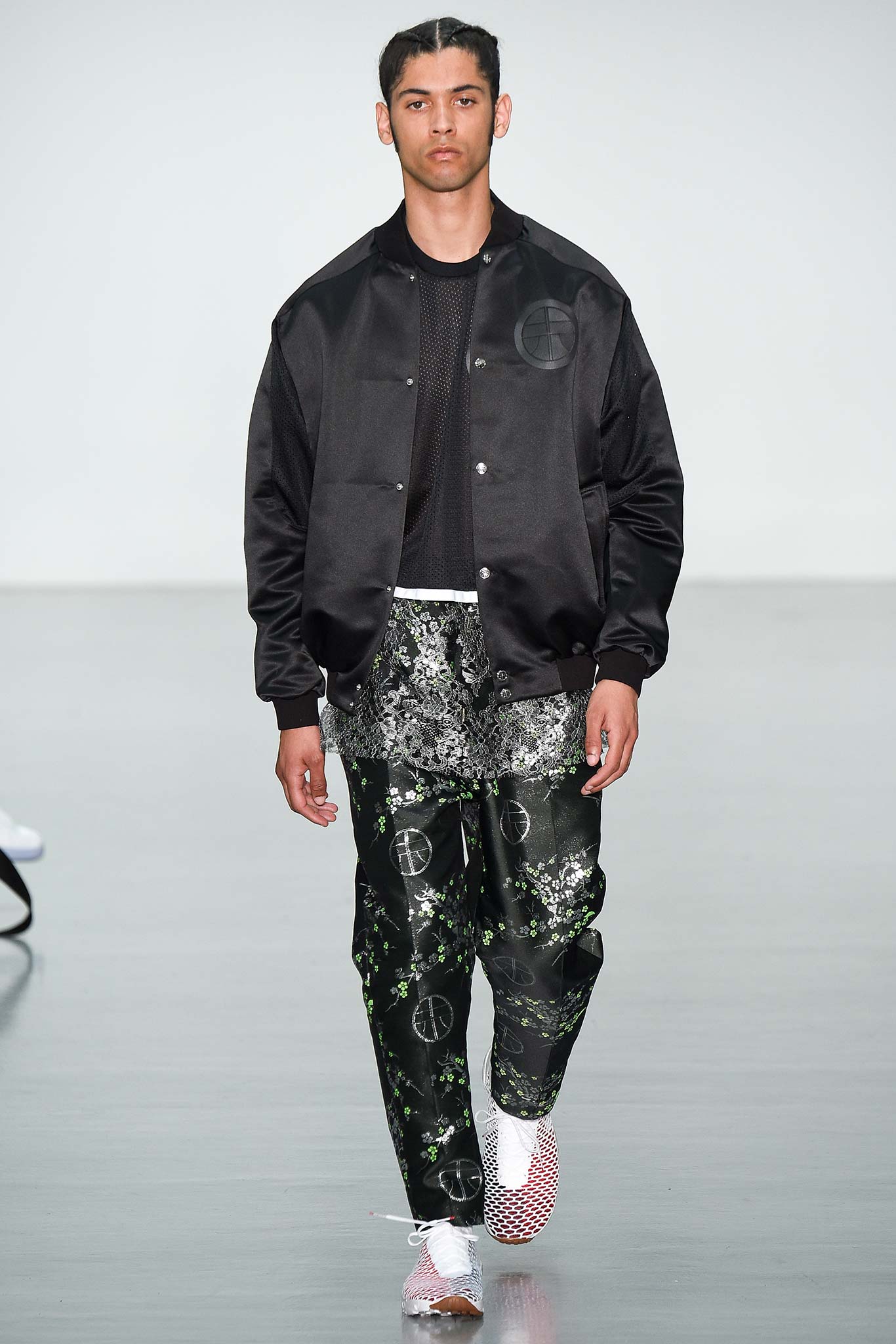 black satin jacket with printed pants