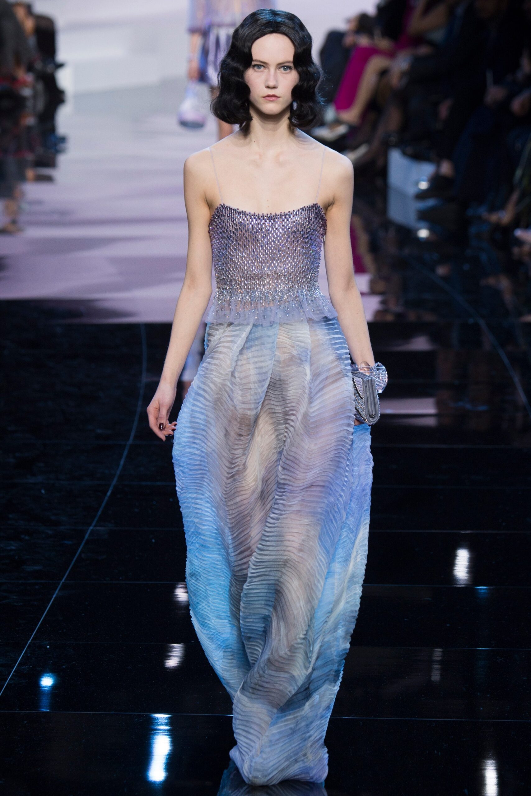 blue purple pleated silk gown