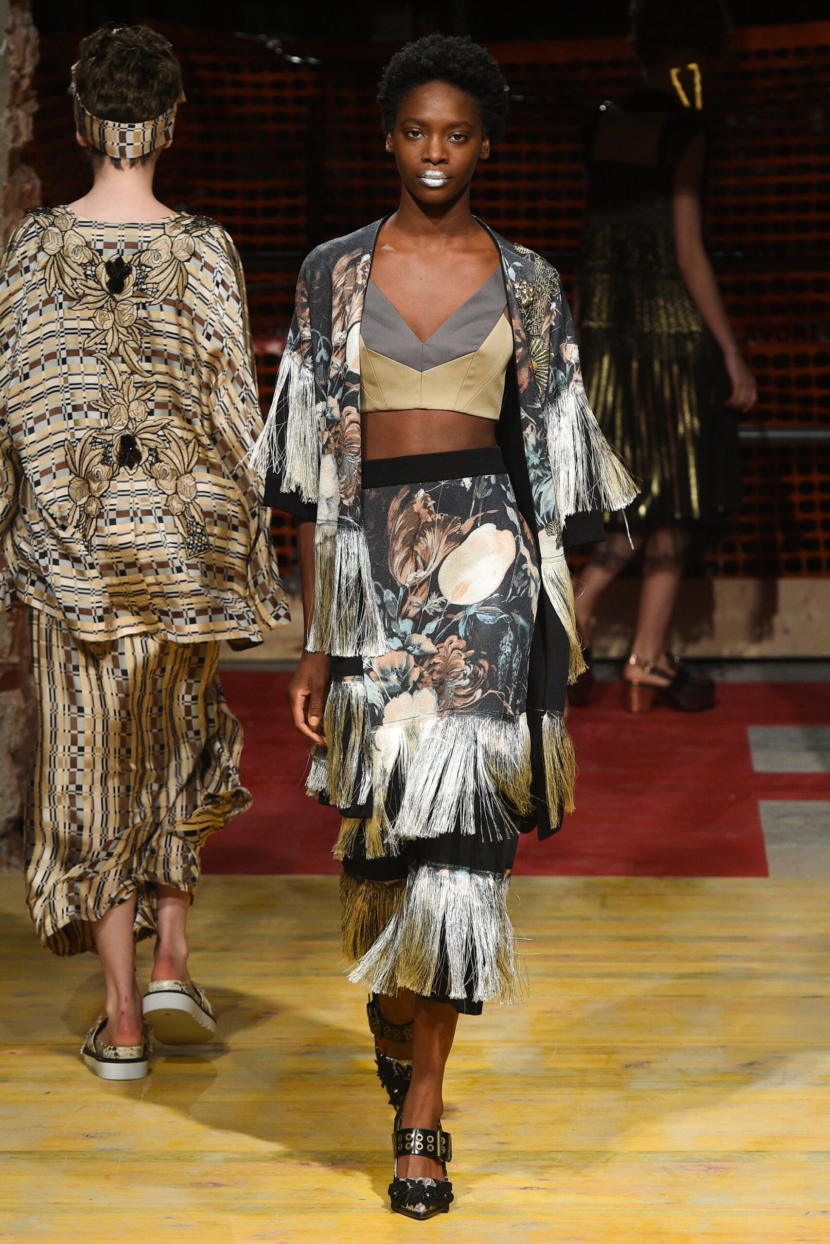 fringed gray top and multi skirt