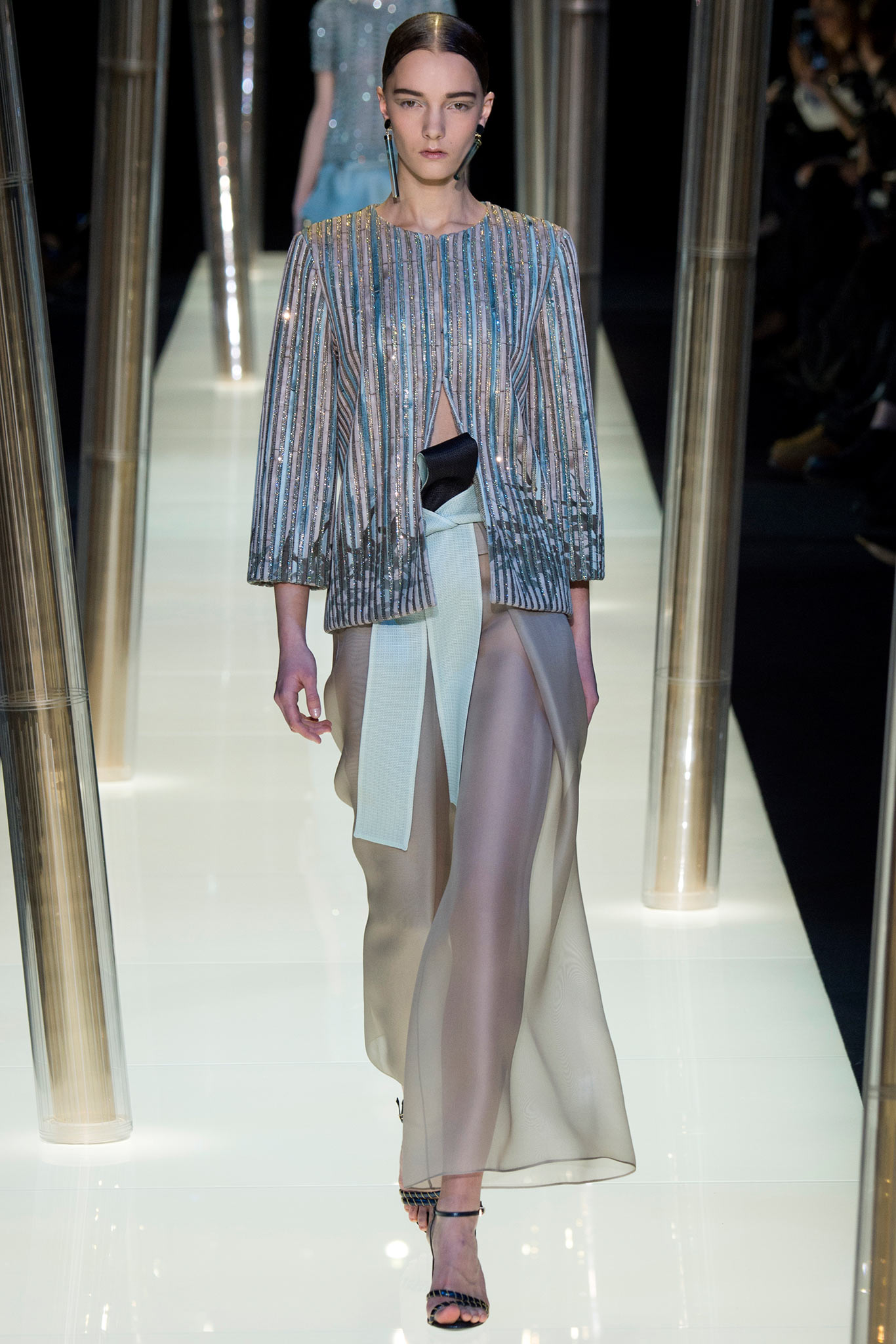 silver silk relaxed jacket with beige chiffon skirt