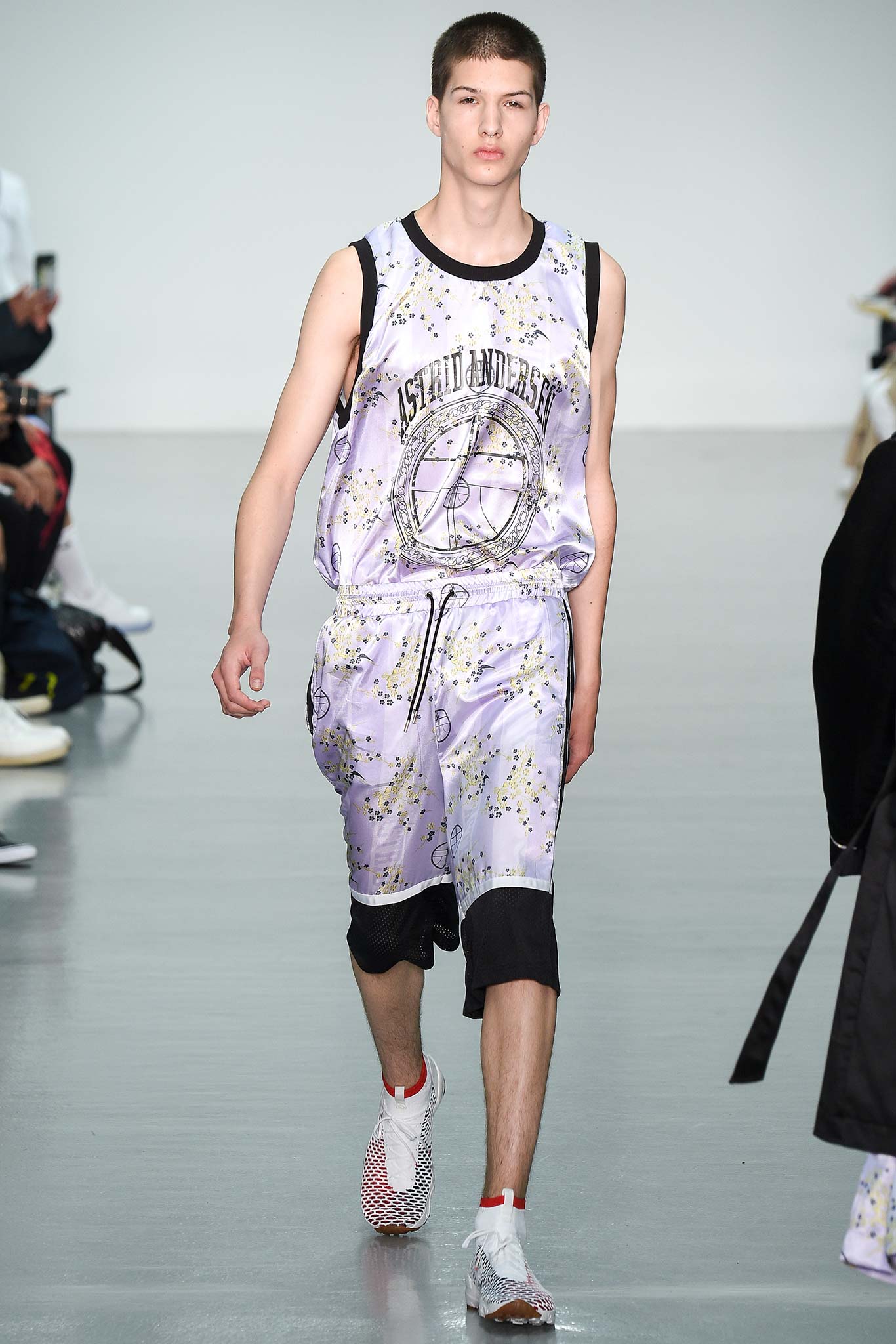 purple printed tank-top and shorts