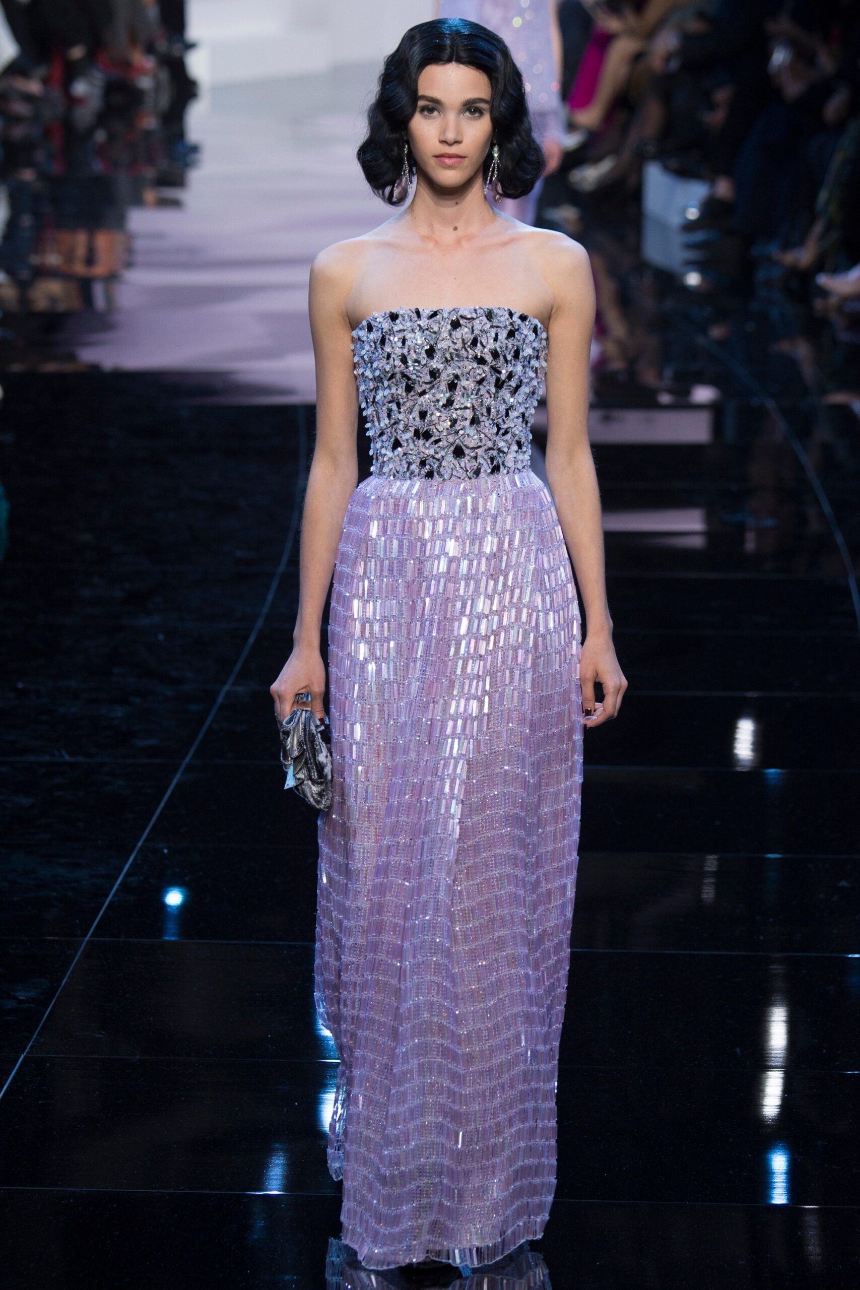 purple silk strapless gown