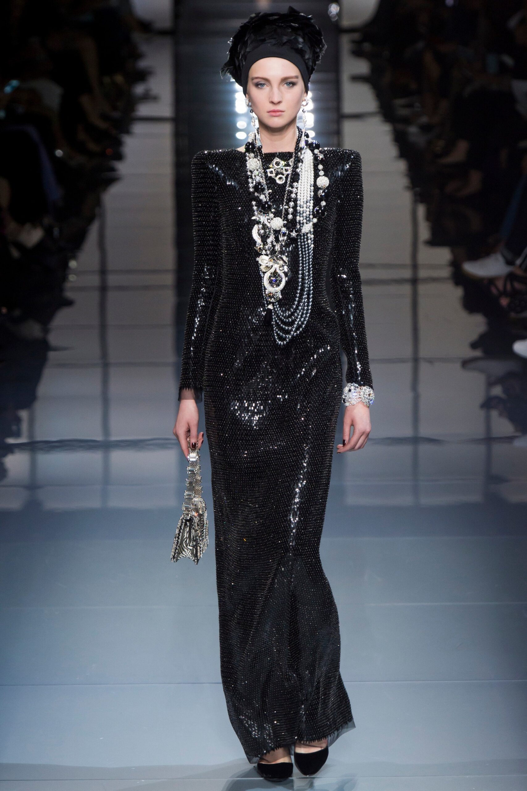 black sequin long-sleeve gown