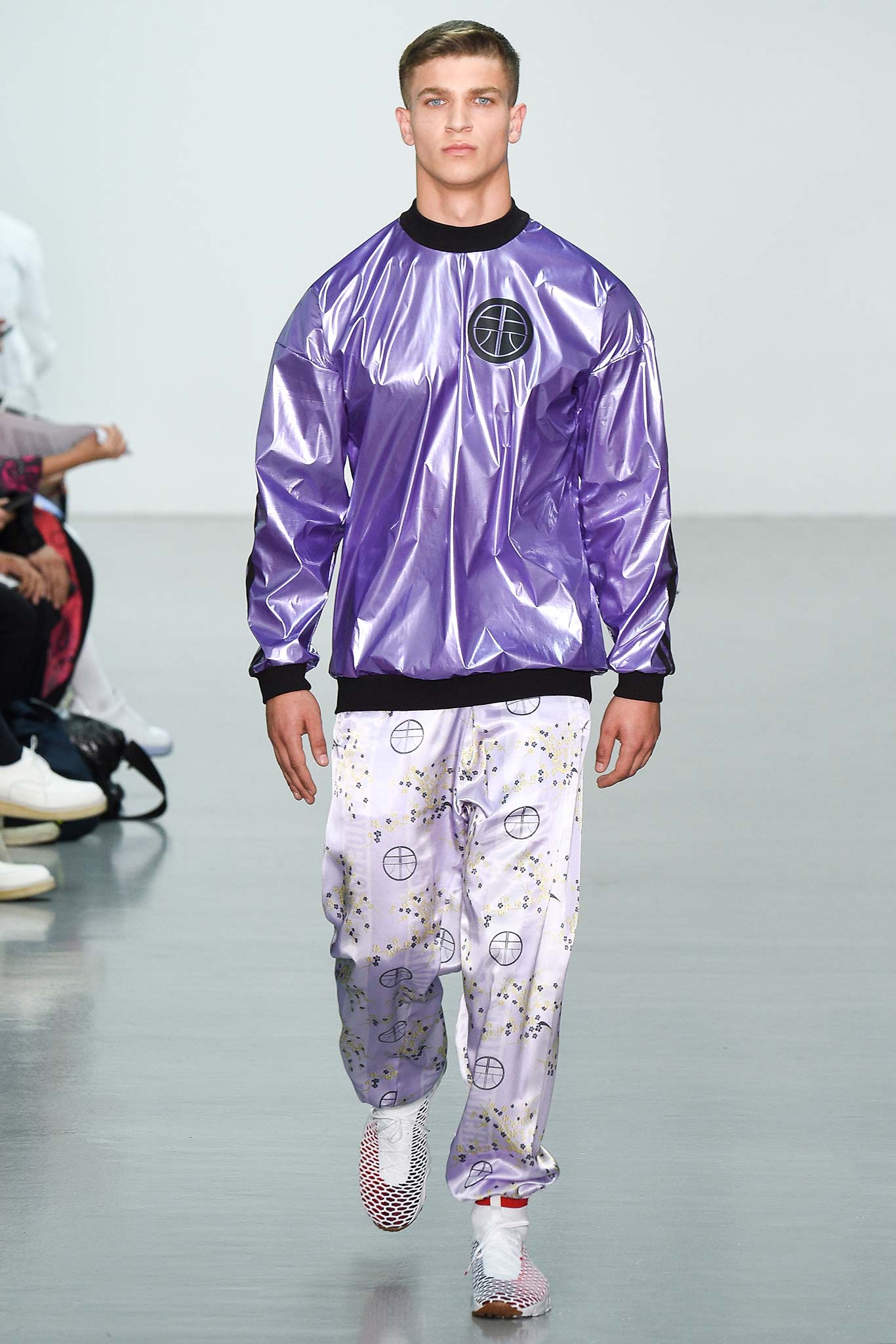 purple vinyl long-sleeve collared relaxed zippered shiny jacket