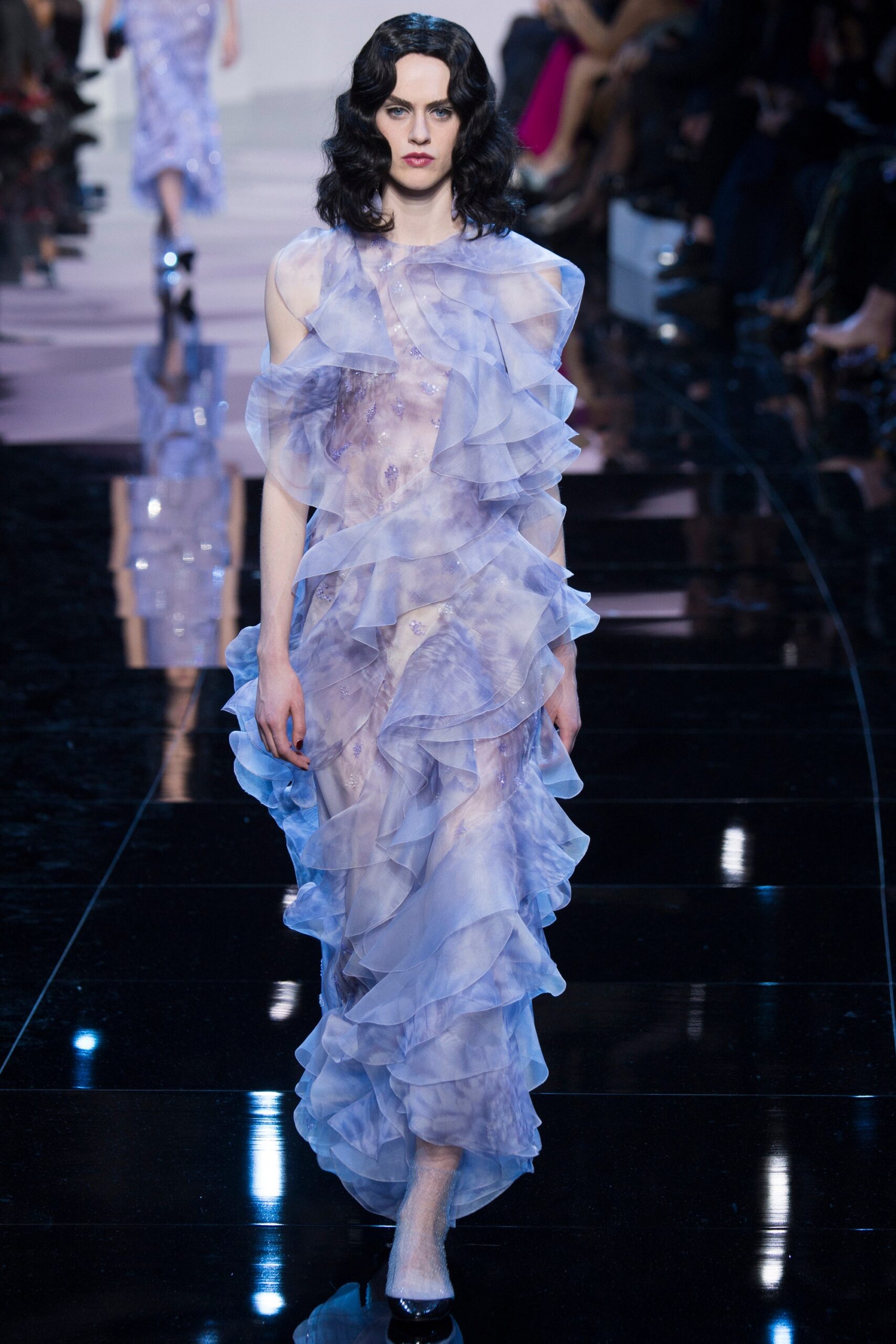 blue purple ruffled gown