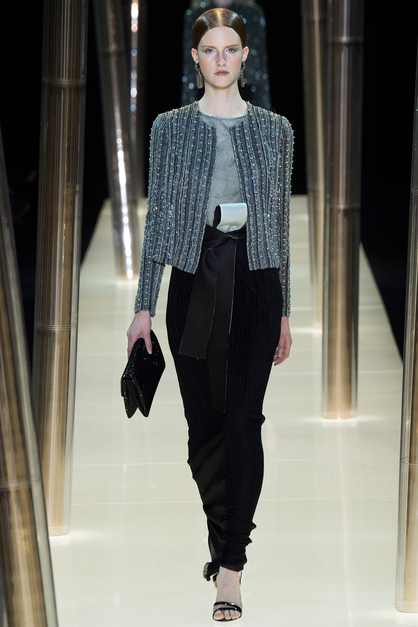 gray beaded jacket with black pants