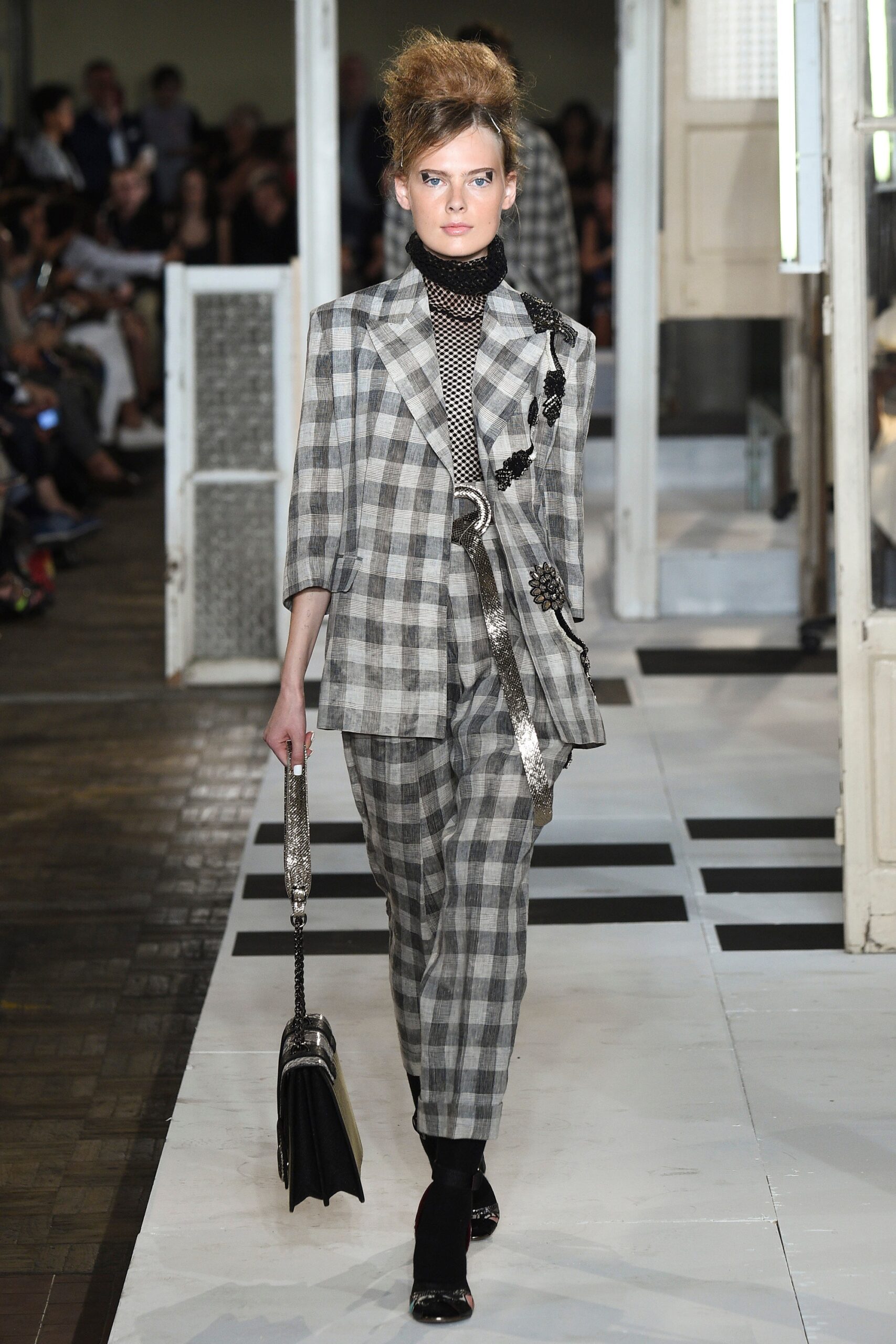 black cotton long-sleeve collared tailored checked suit
