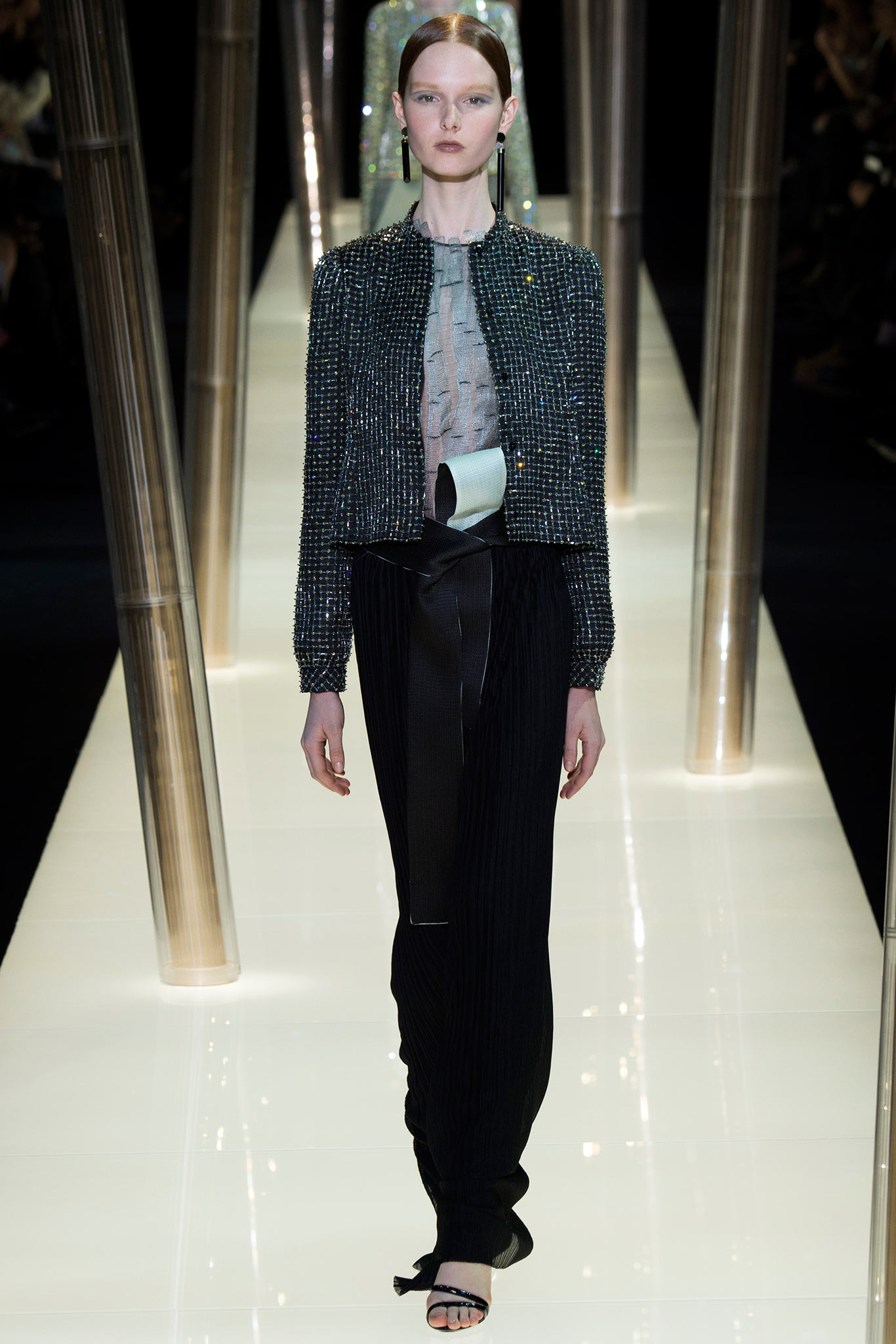 black beaded jacket with pleated pants