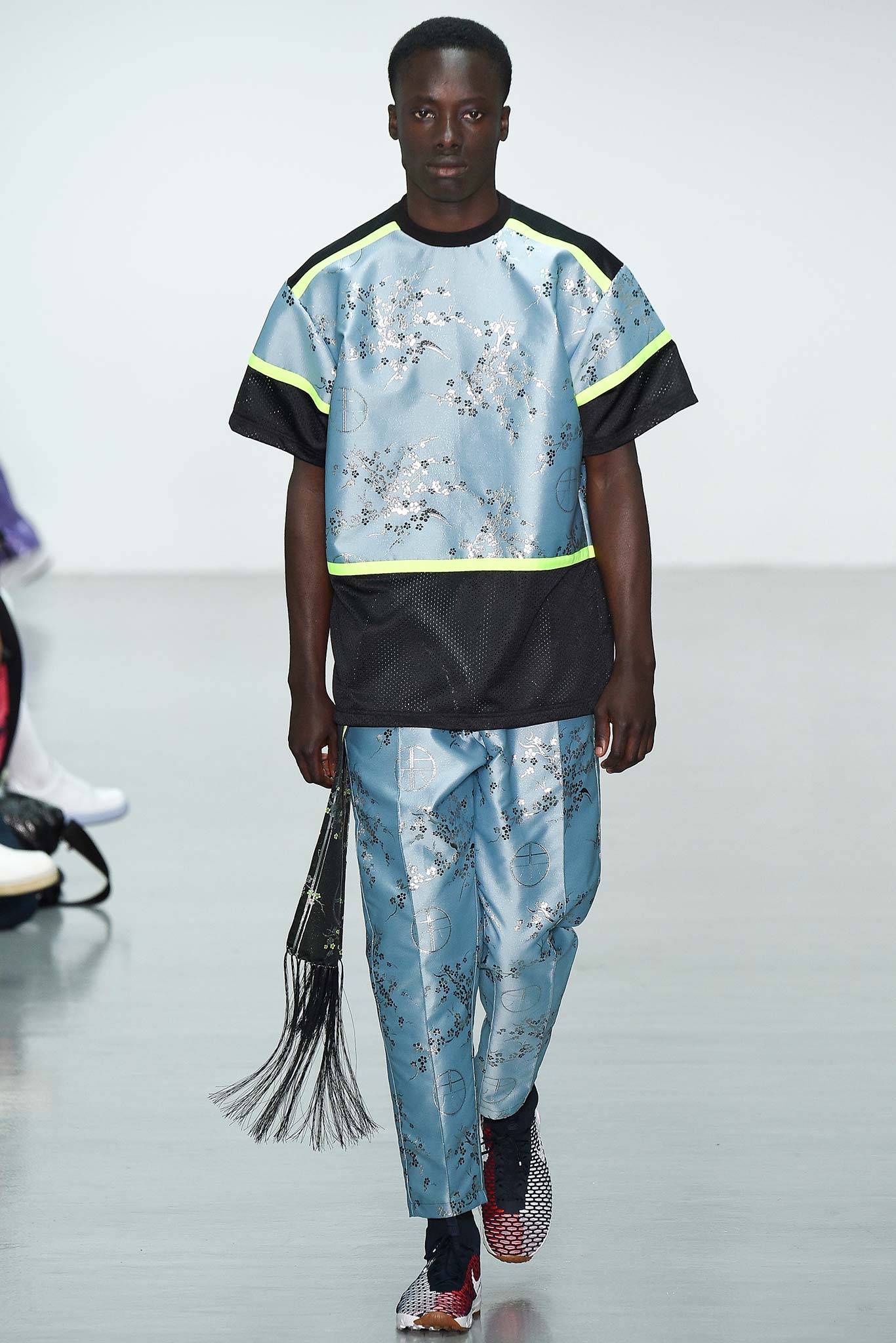 blue printed silk top and pants