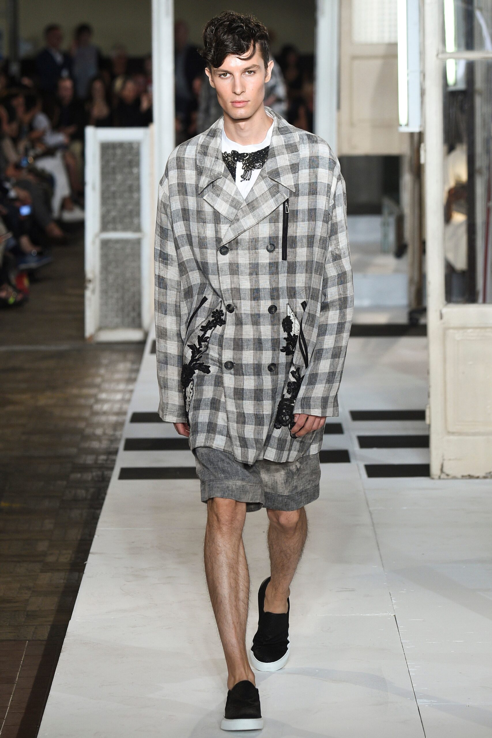 gray checked jacket with shorts