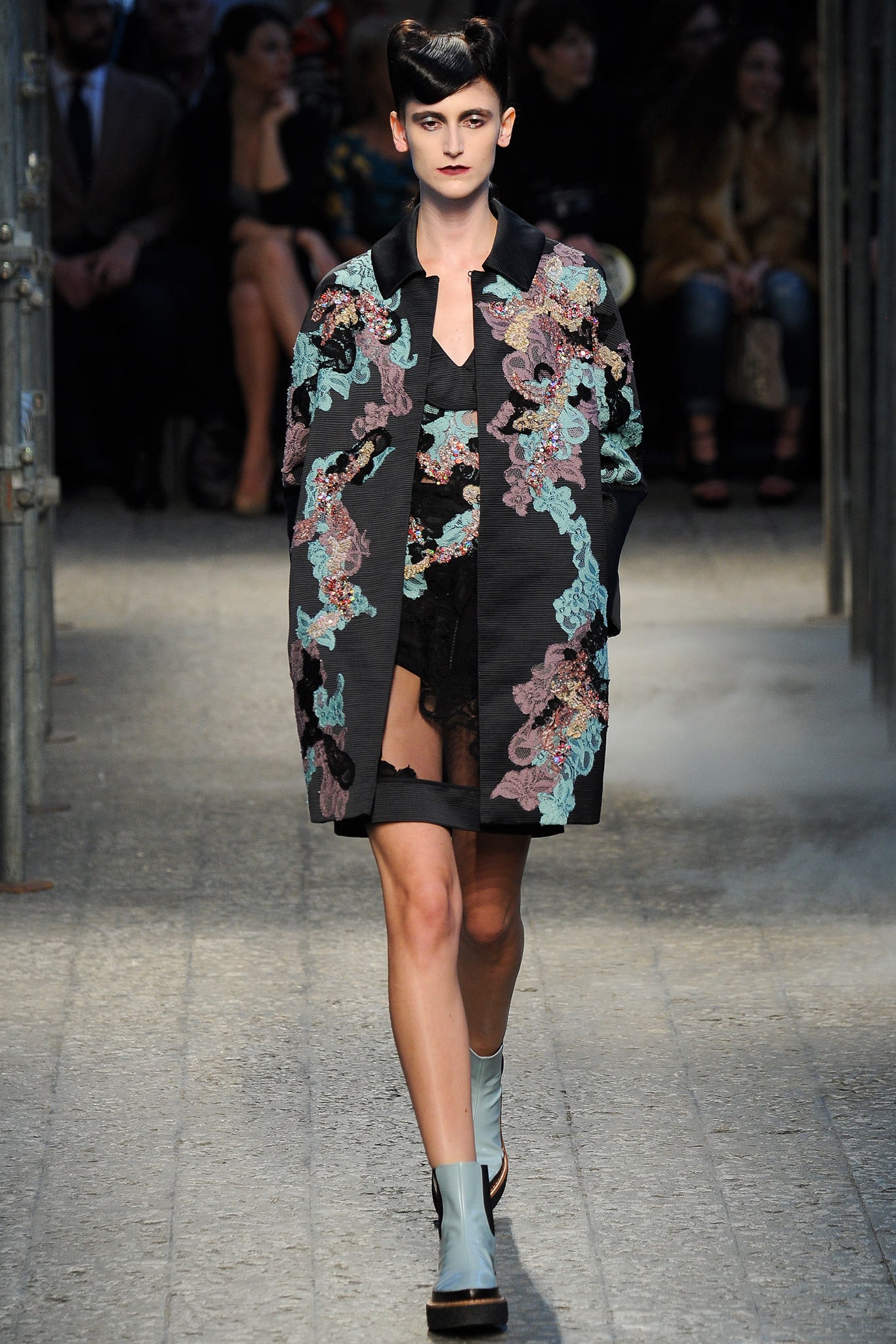 black embroidered coat with silk top