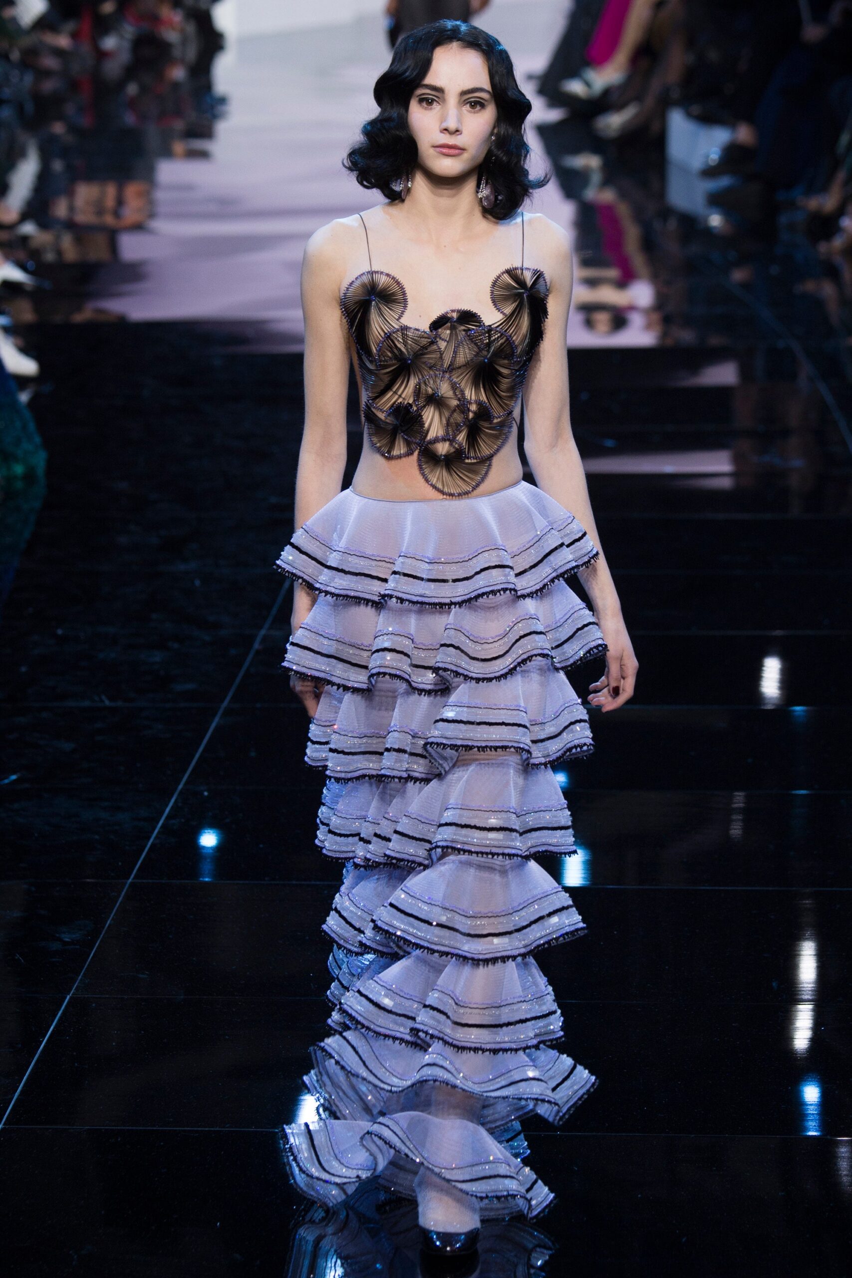 black and gray ruffled gown