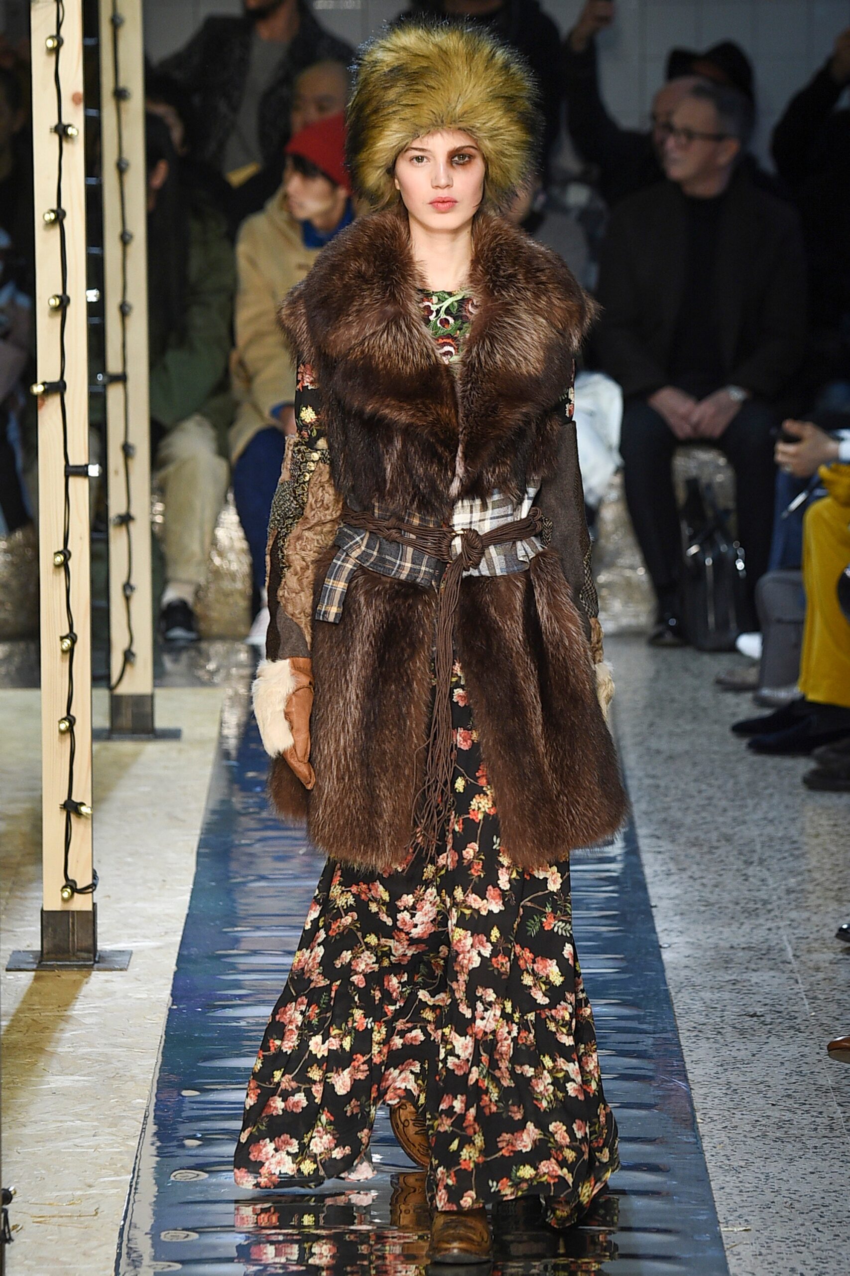 floral maxi dress with fur coat