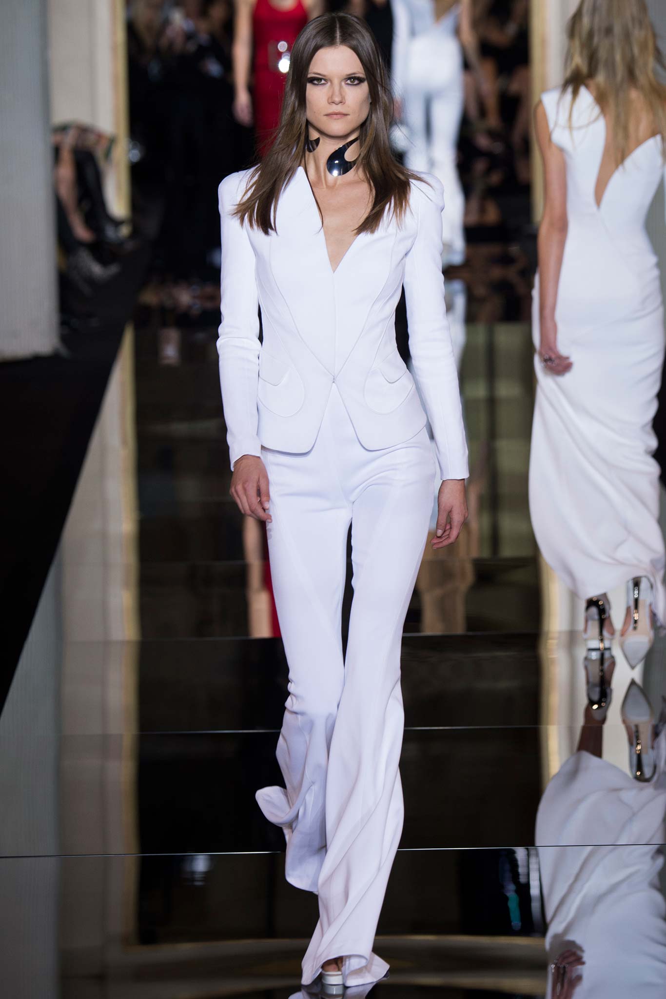 fitted white silk suit