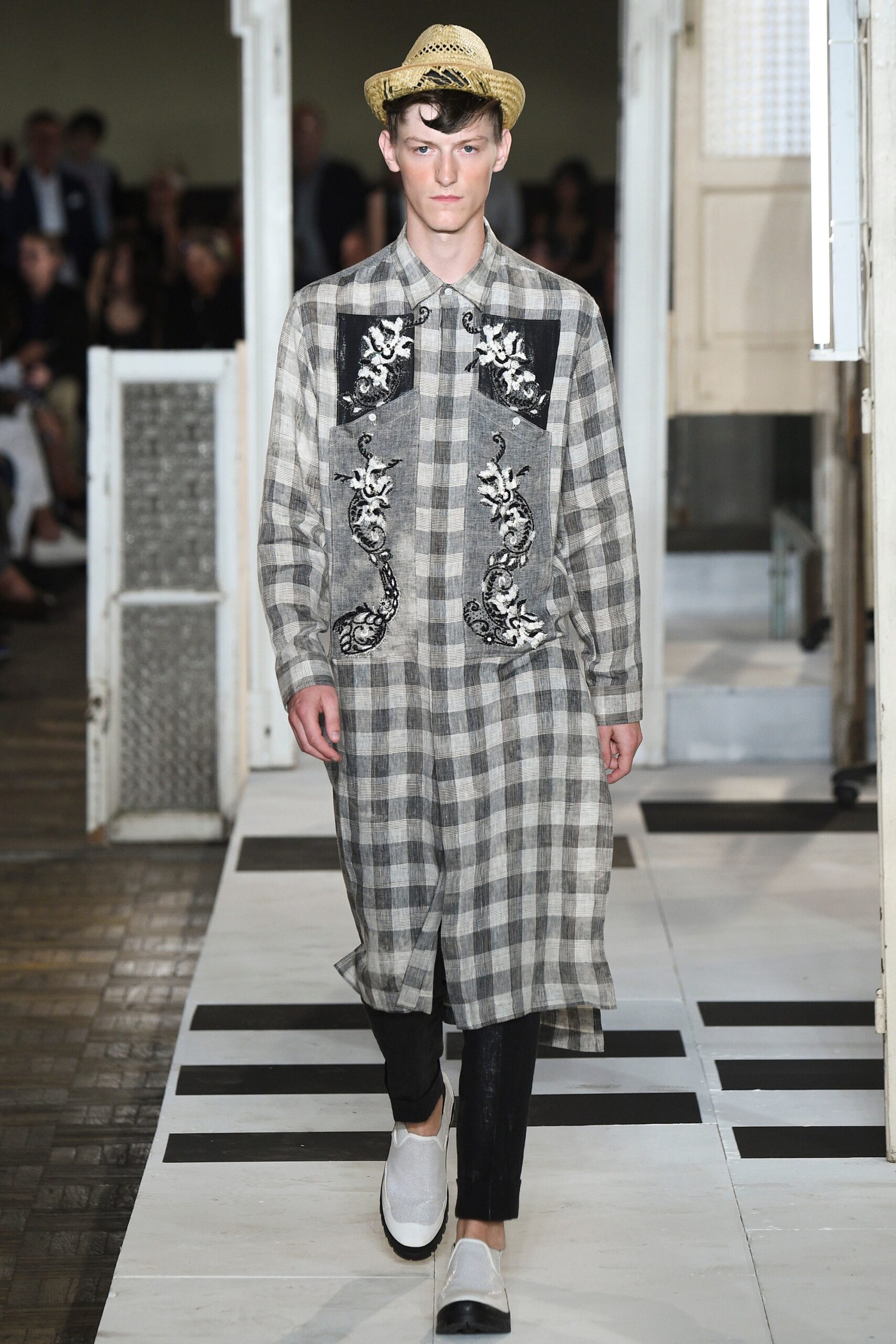 gray cotton long-sleeve collared relaxed checked embroidered shirt-dress