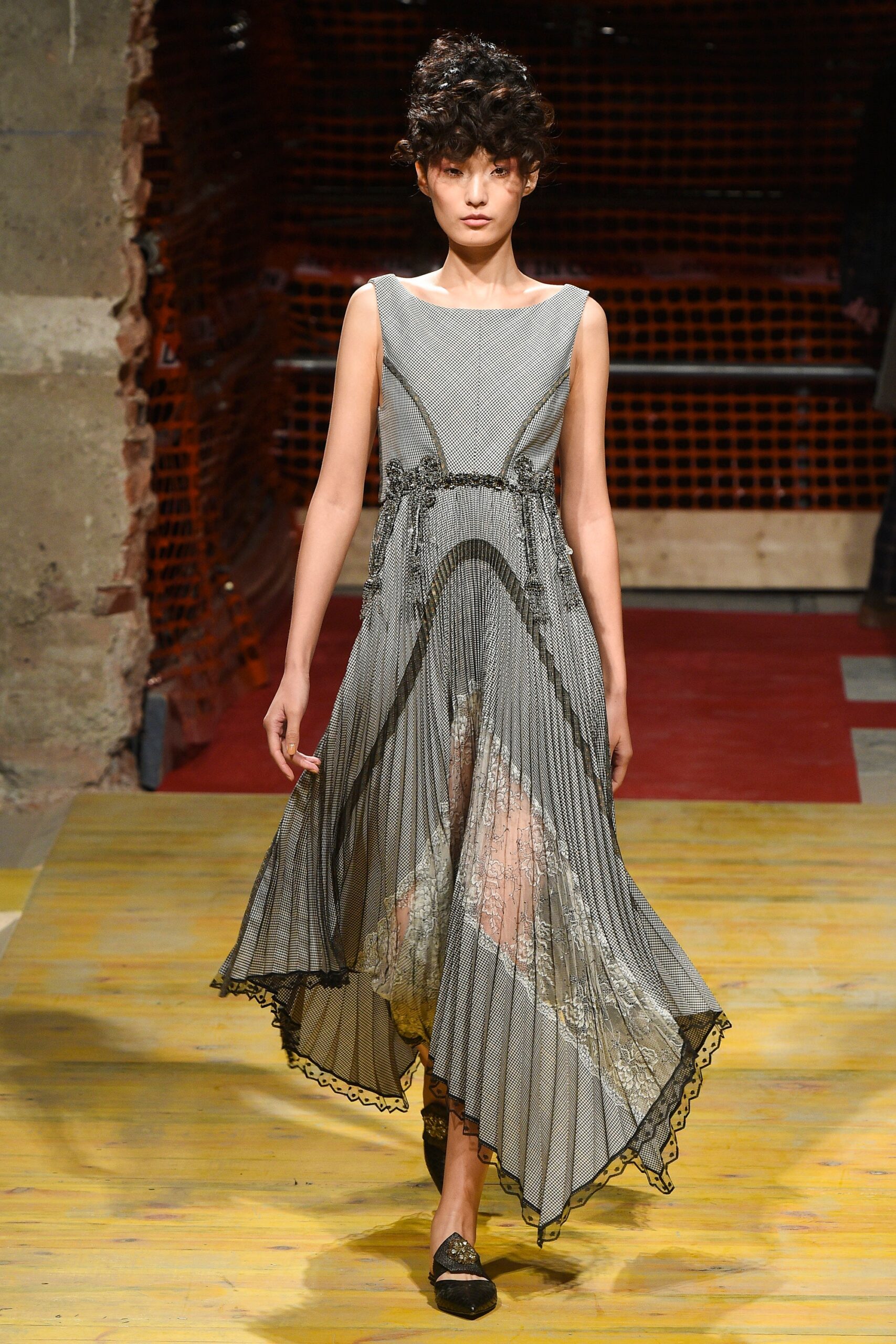 gray pleated silk midi dress