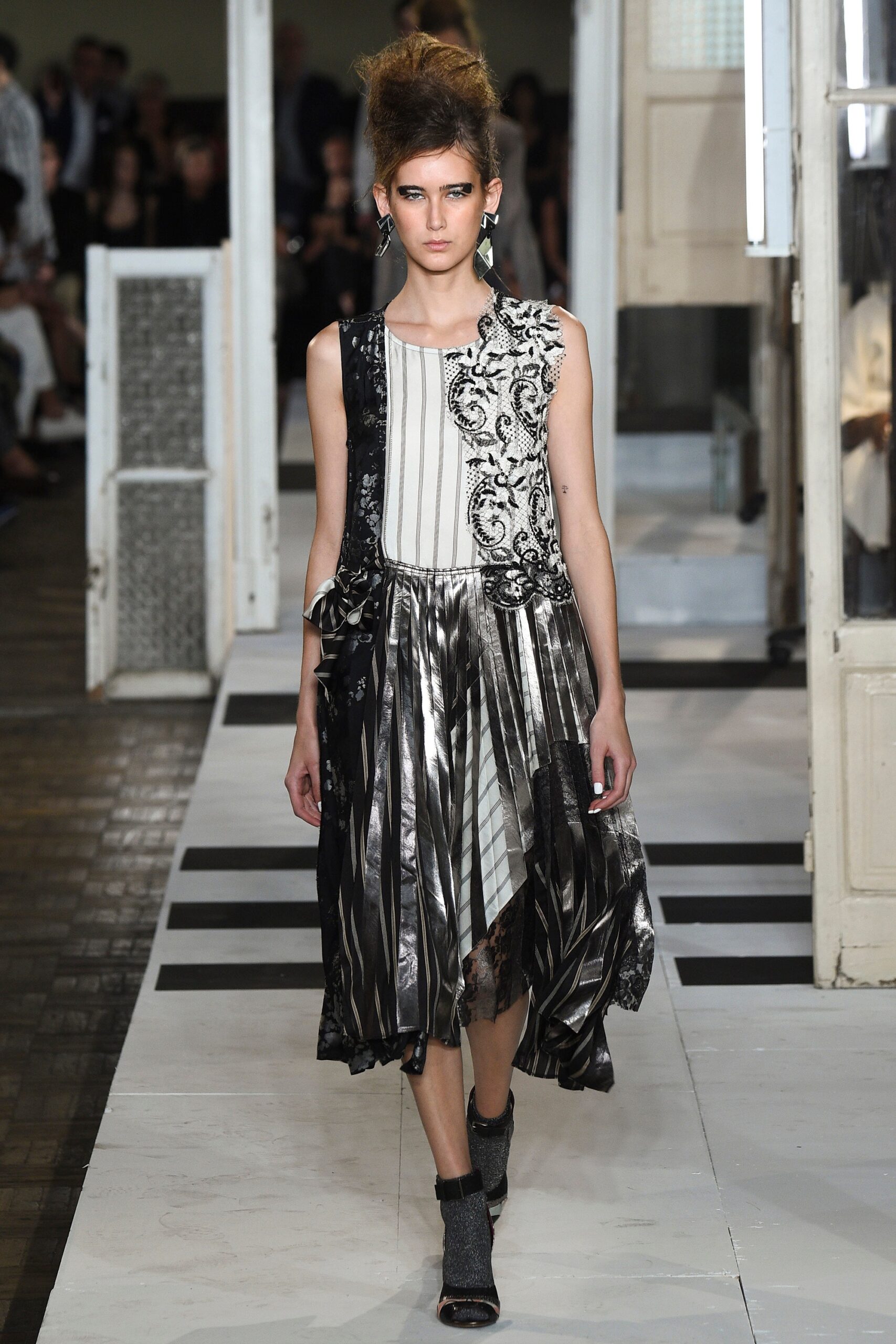 black and white pleated midi dress