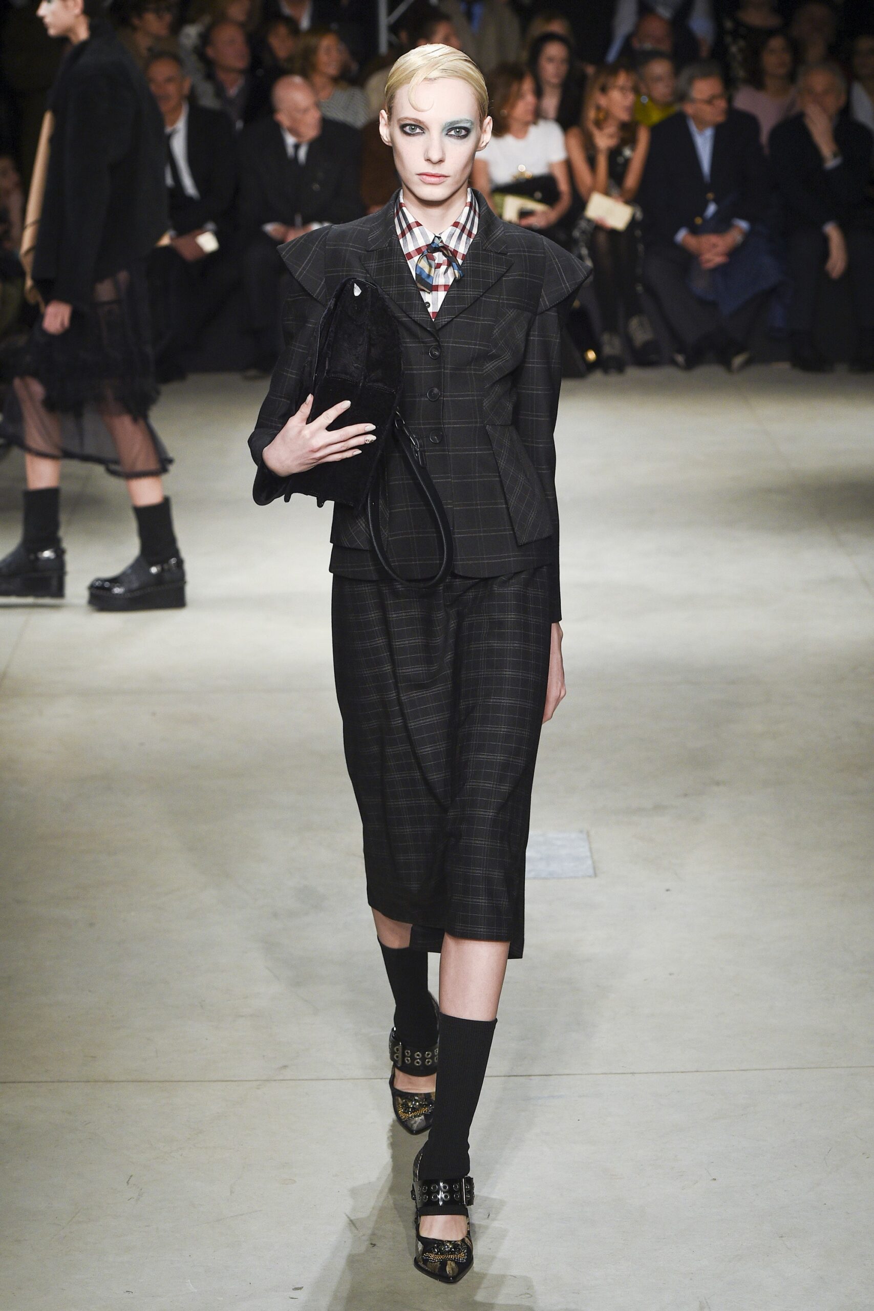 black wool long-sleeve collared tailored checked midi suit