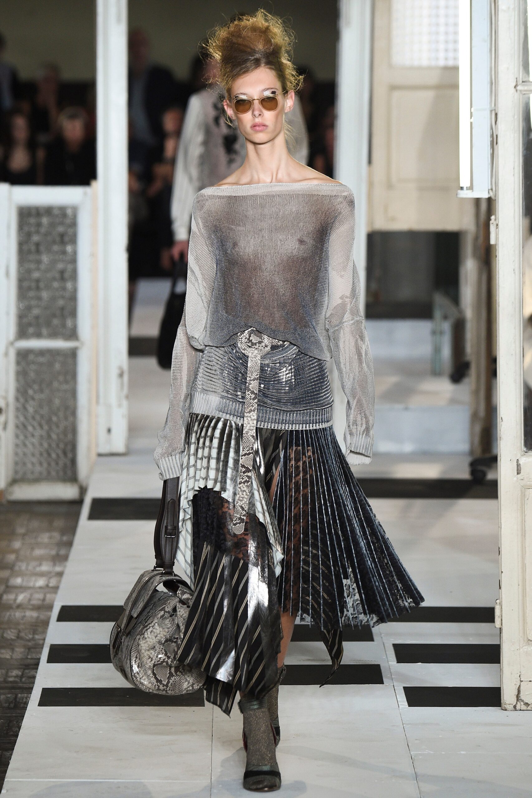 black metallic fitted layered pleated shiny skirt