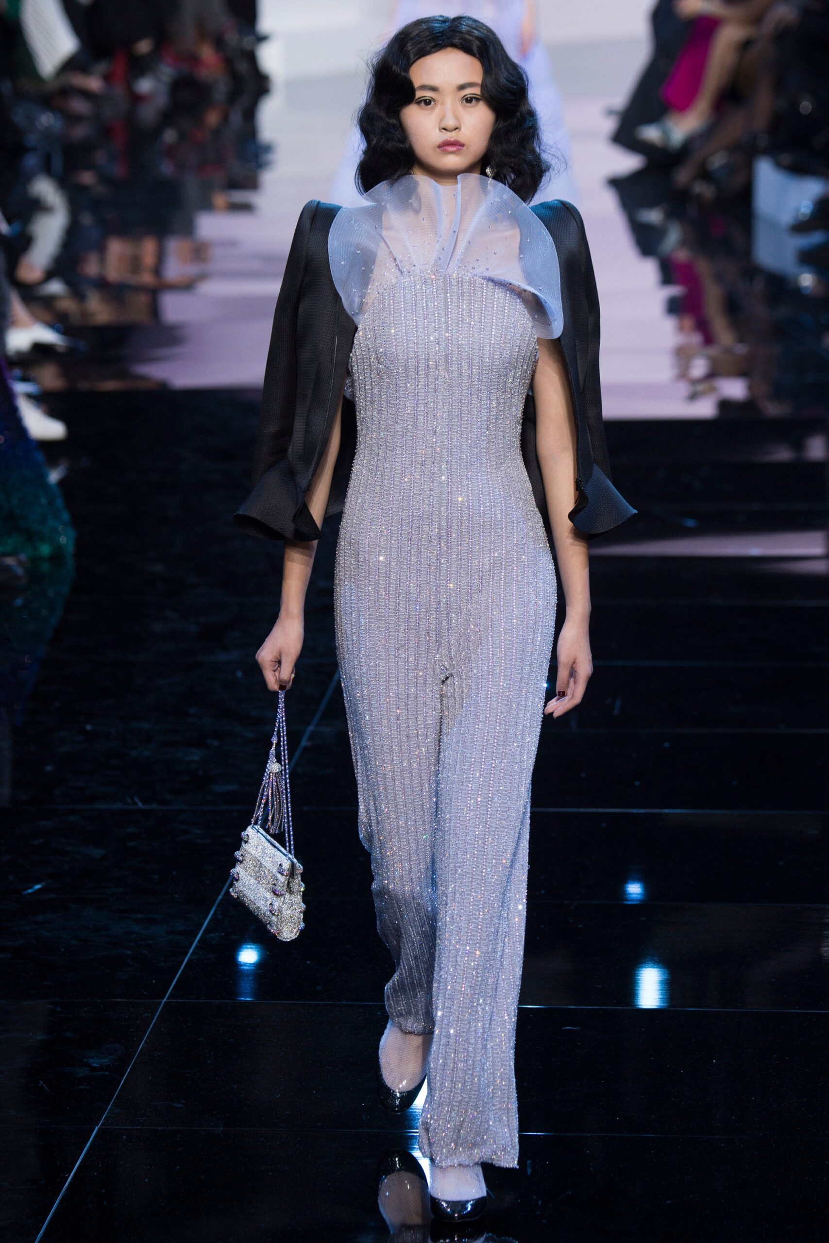 gray metallic sleeveless high-neck fitted pleated shiny jumpsuit
