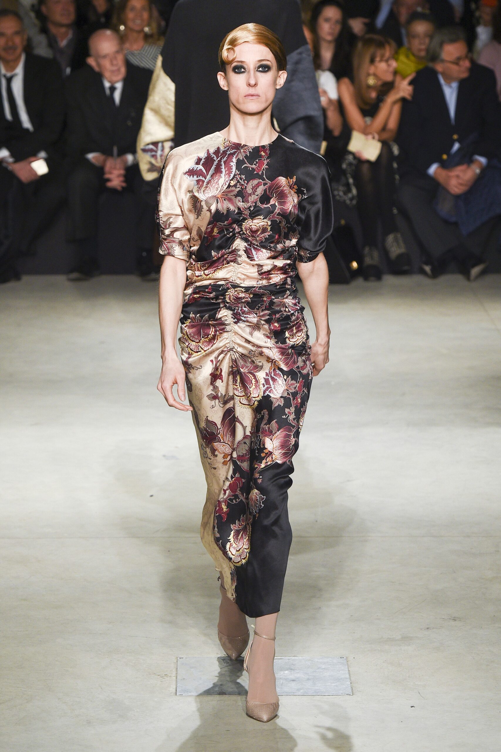 black and gold silk ruched dress