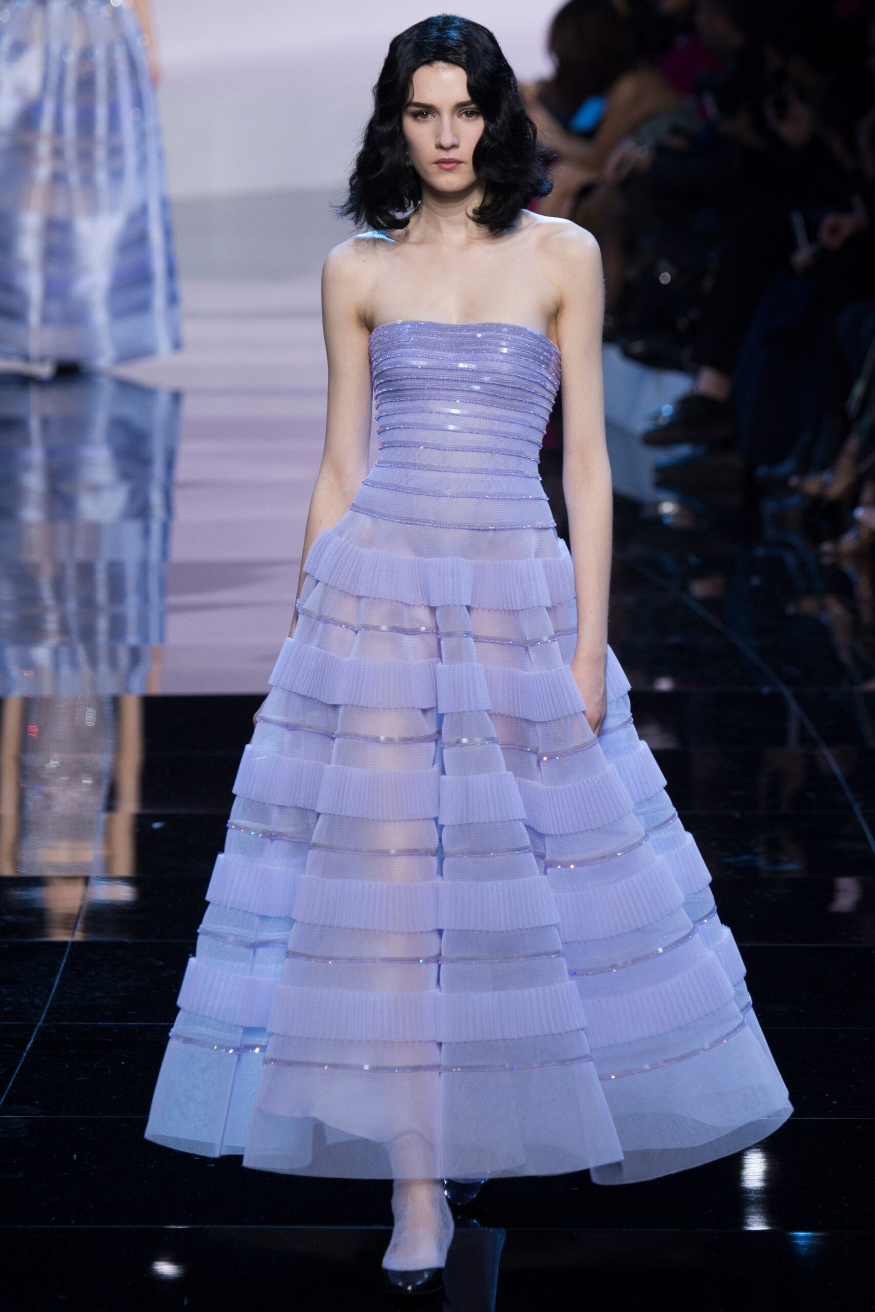 purple tiered strapless gown