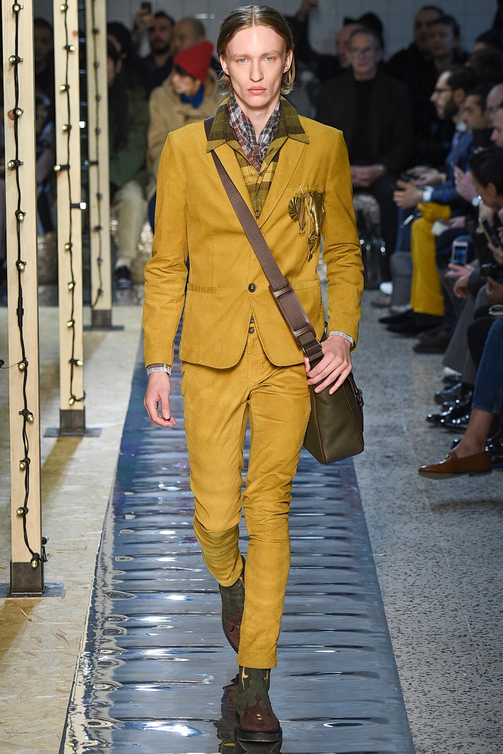 yellow tailored suit with plaid shirt