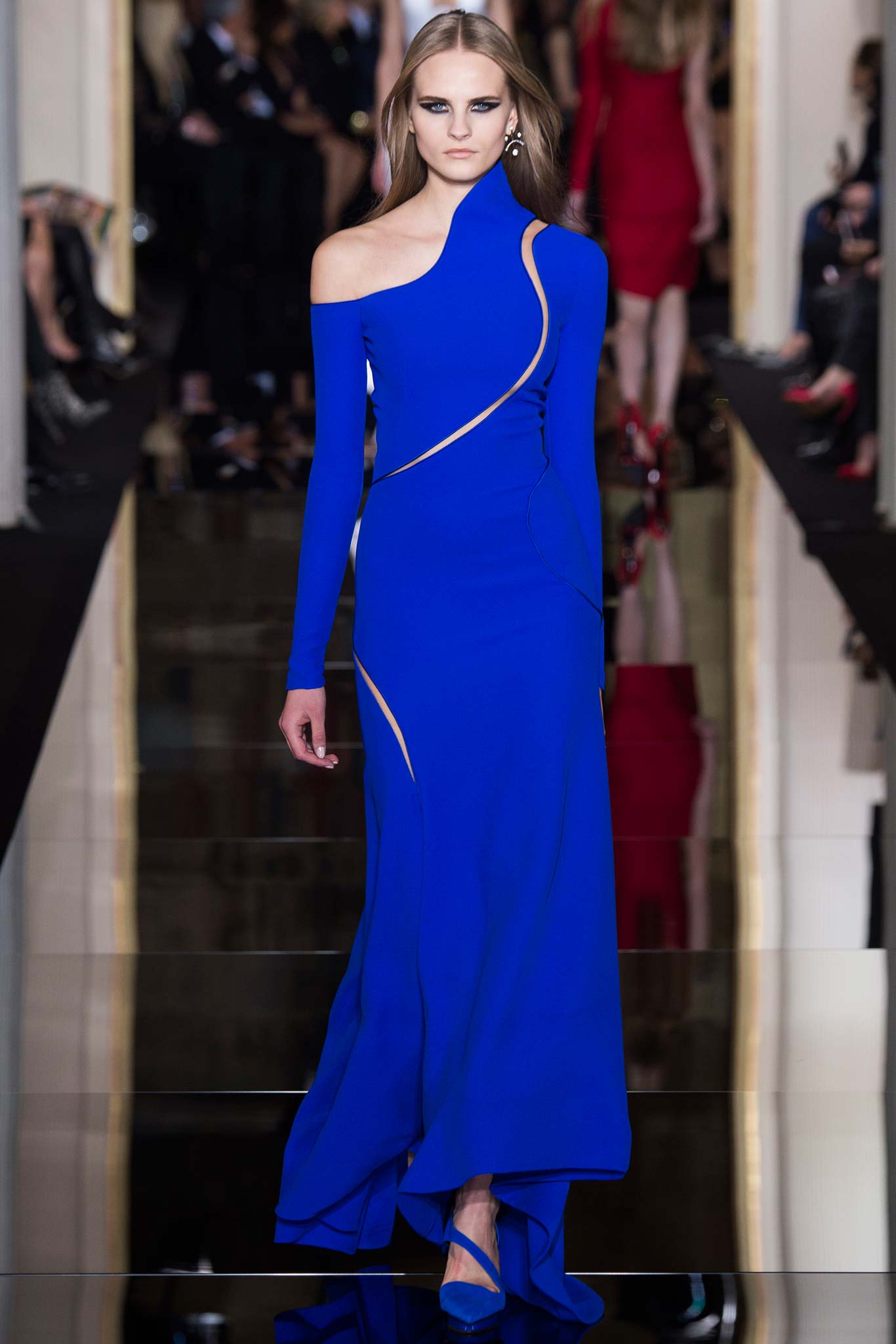 blue fitted off-shoulder gown