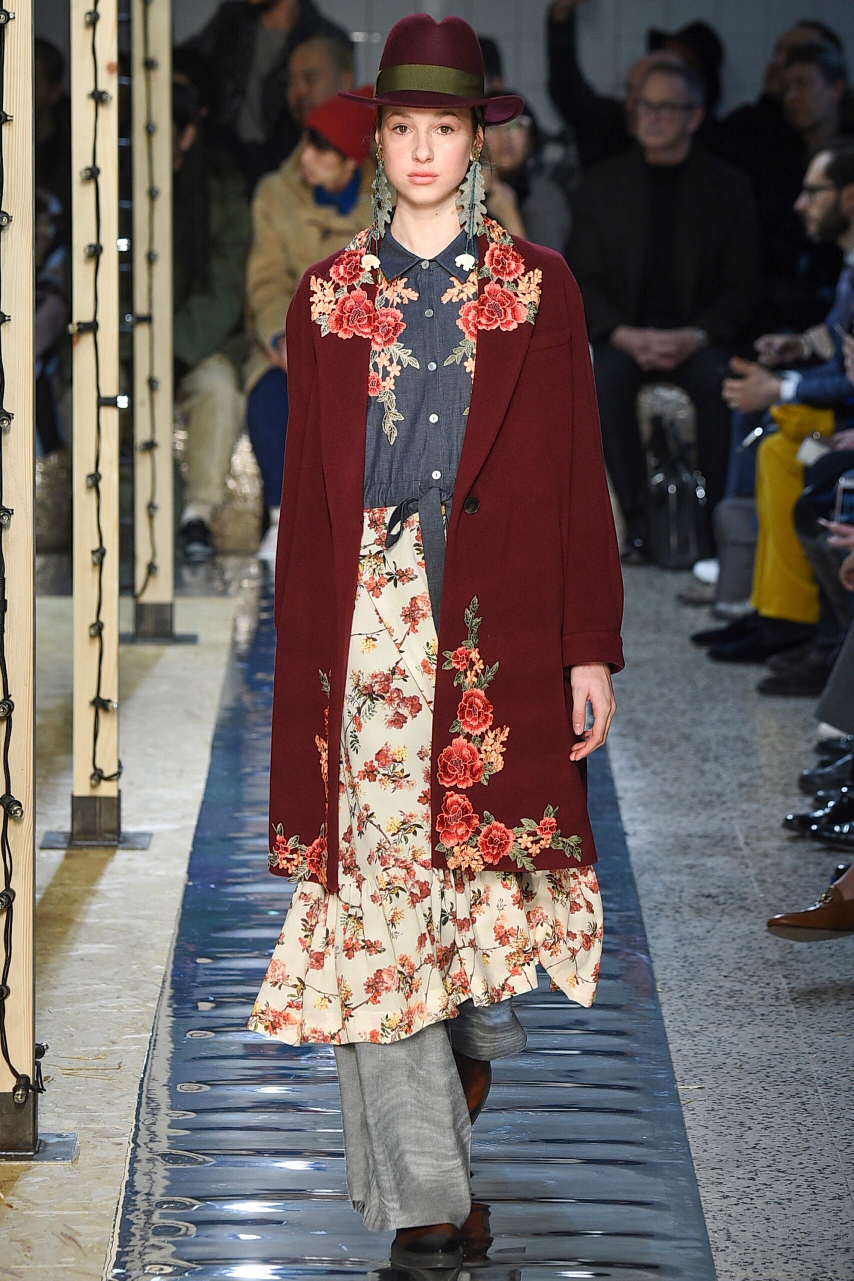 embroidered red coat with flared skirt
