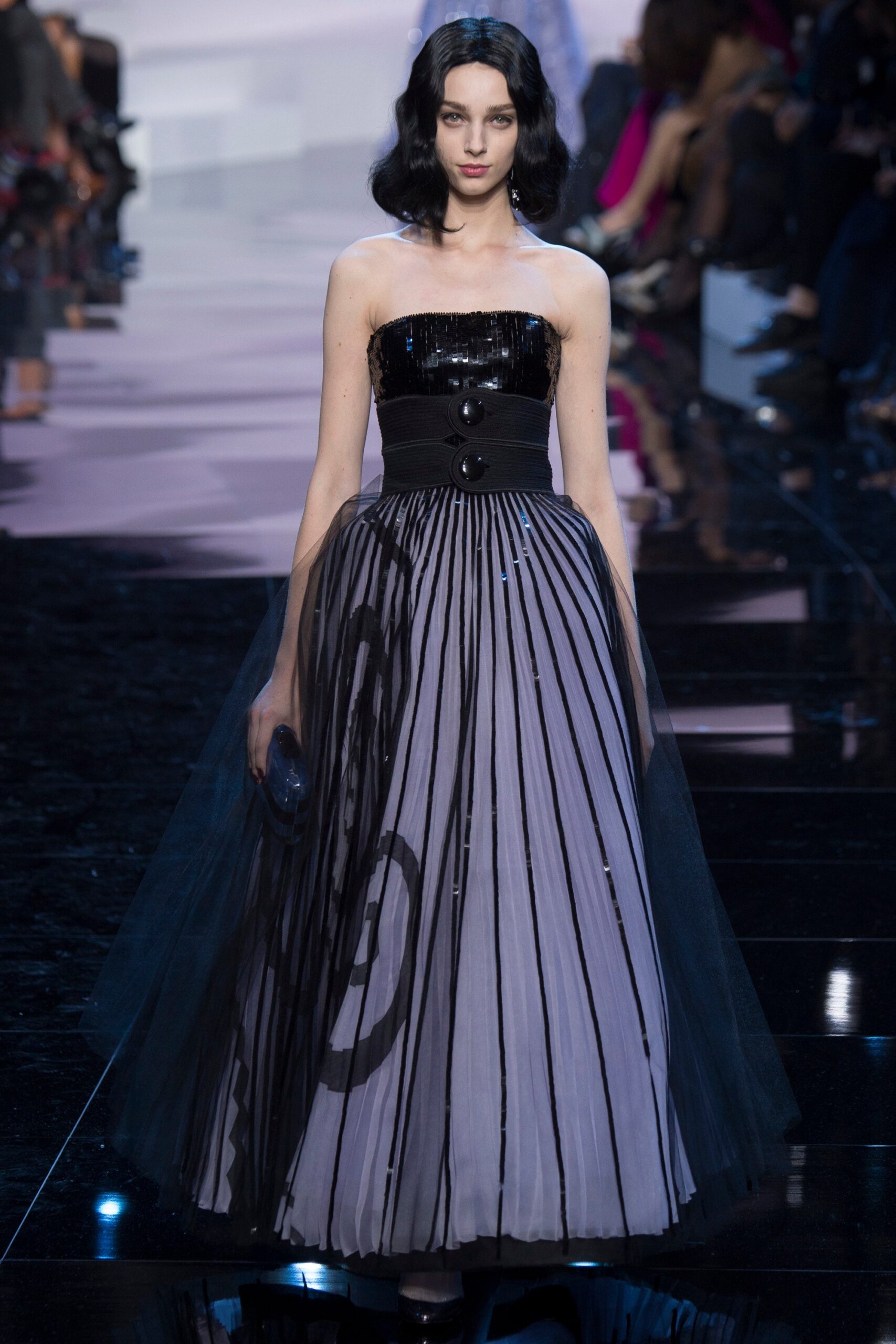 black and purple pleated gown