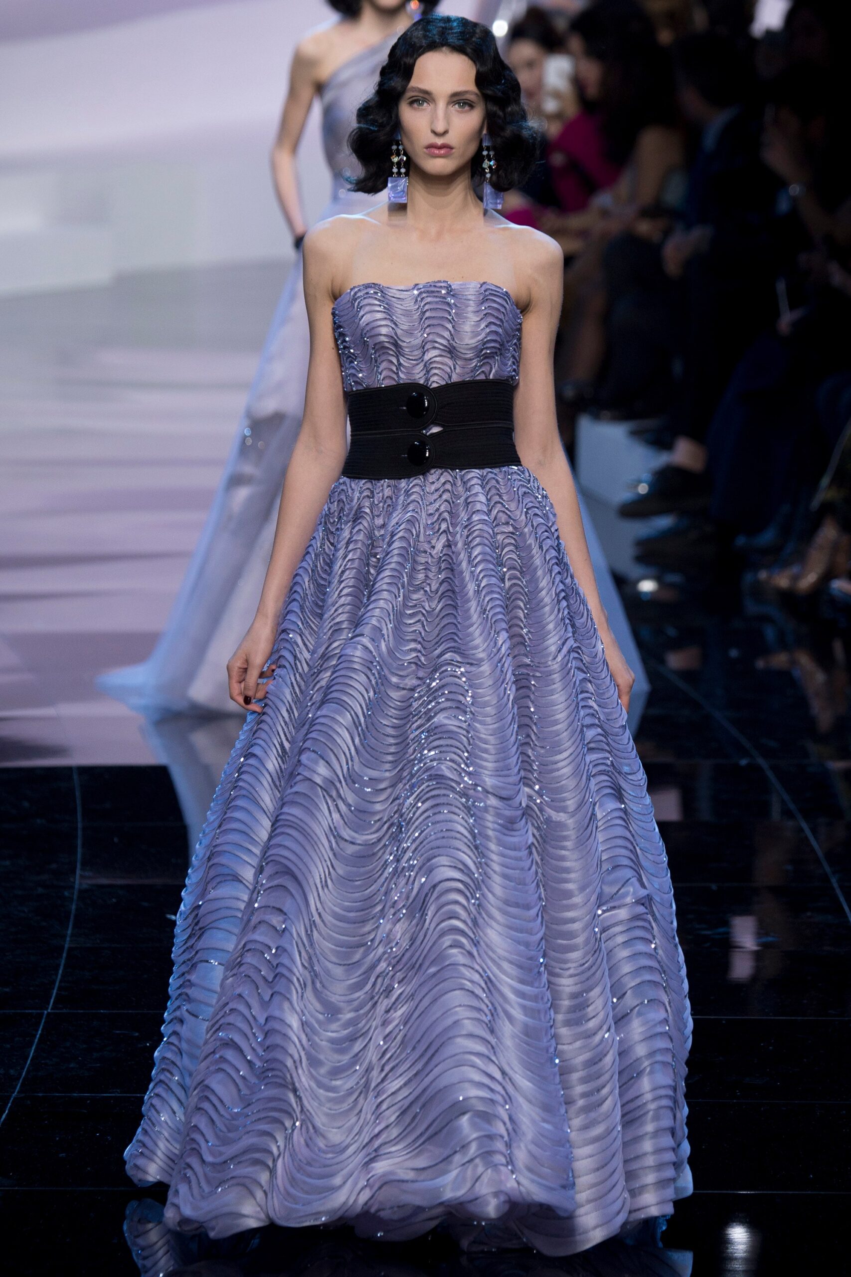 purple ruffled strapless gown