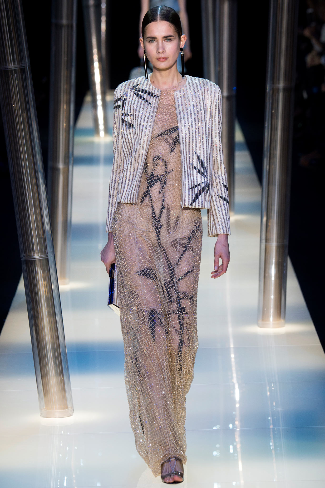 gold silk long-sleeve collared structured striped shiny jacket