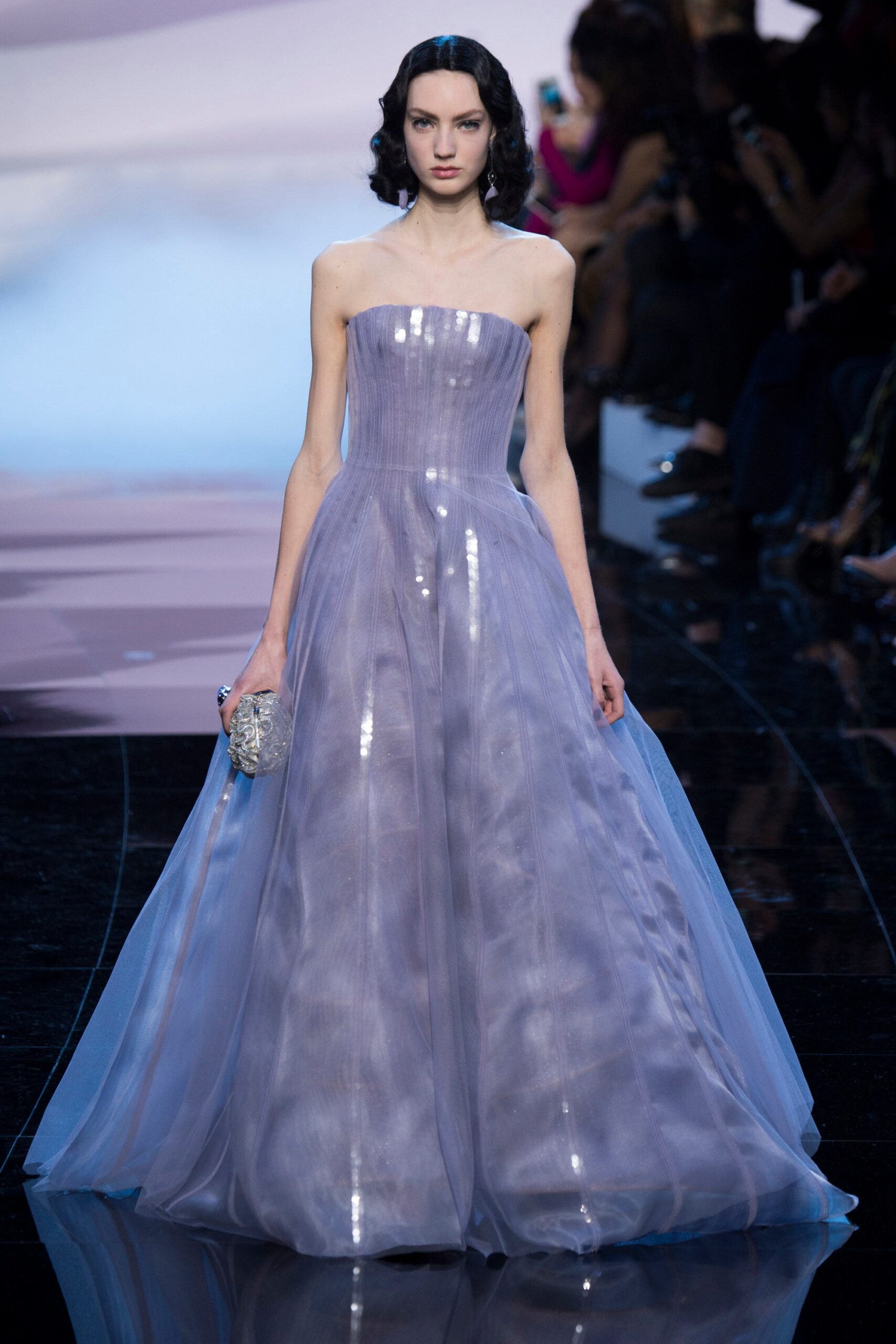 purple silk strapless gown