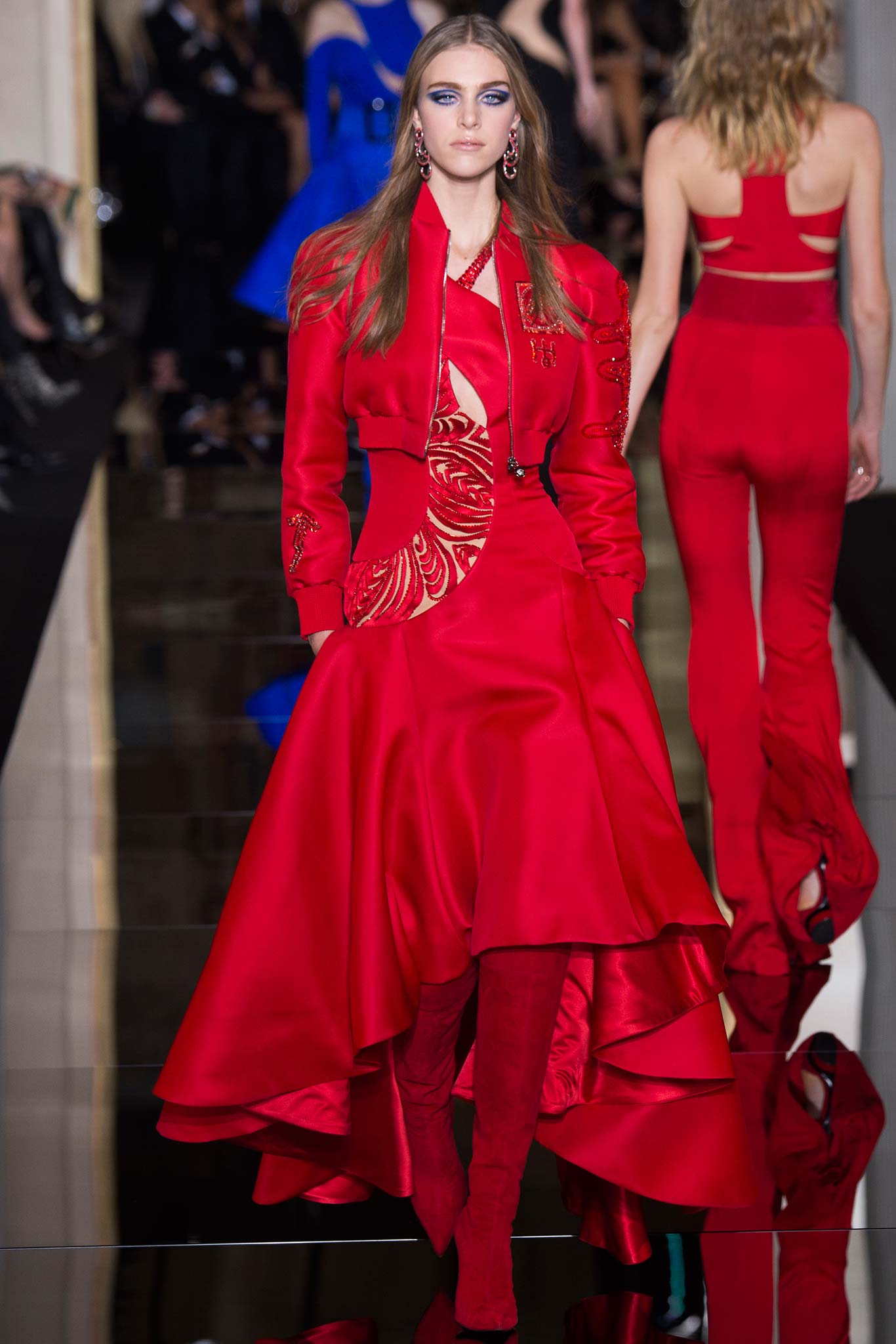 red silk long-sleeve collared fitted embroidered jacket