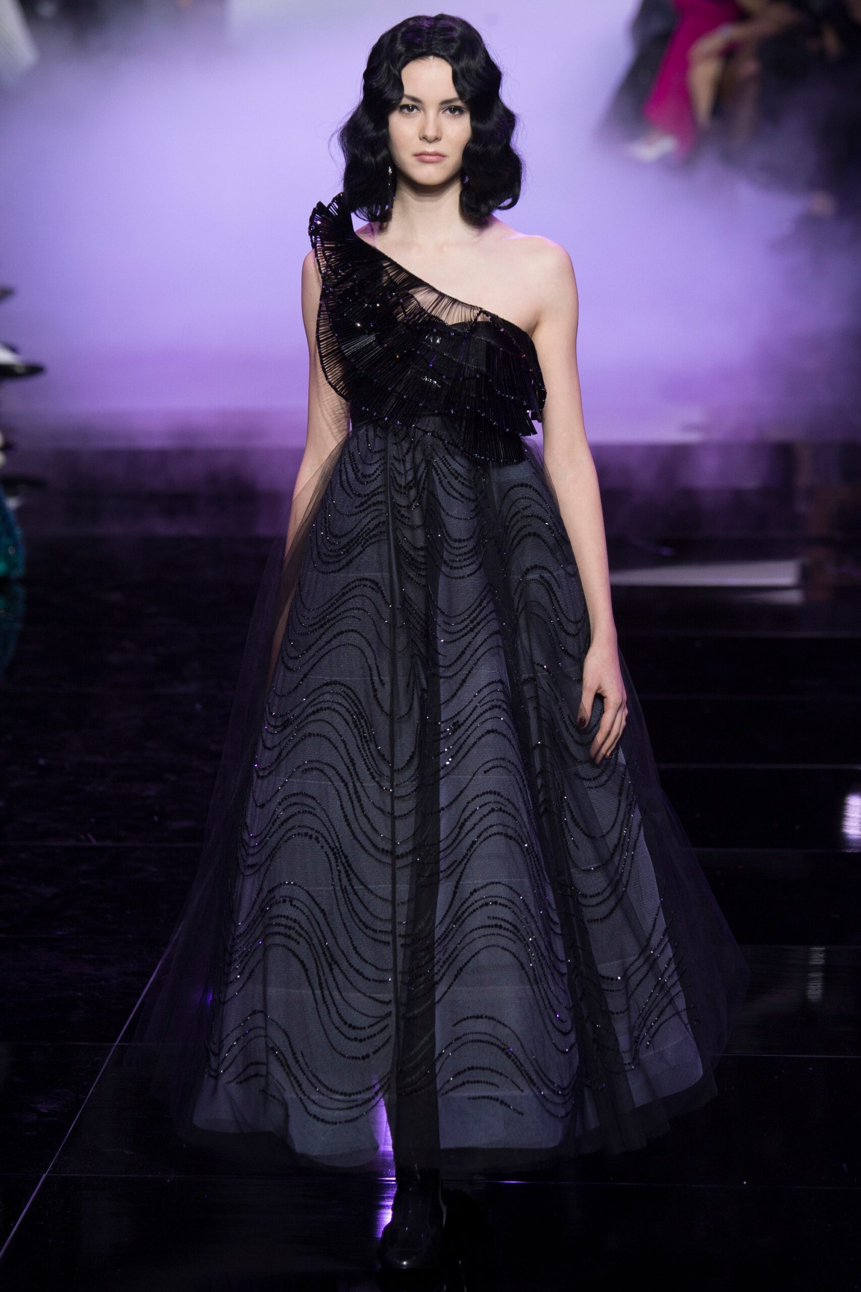 black tulle off-shoulder gown