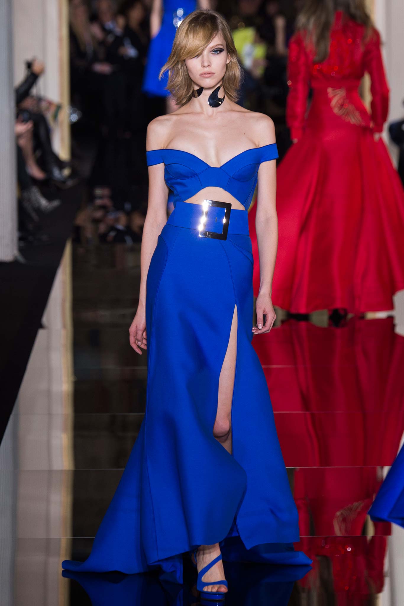 blue strapless gown with slit