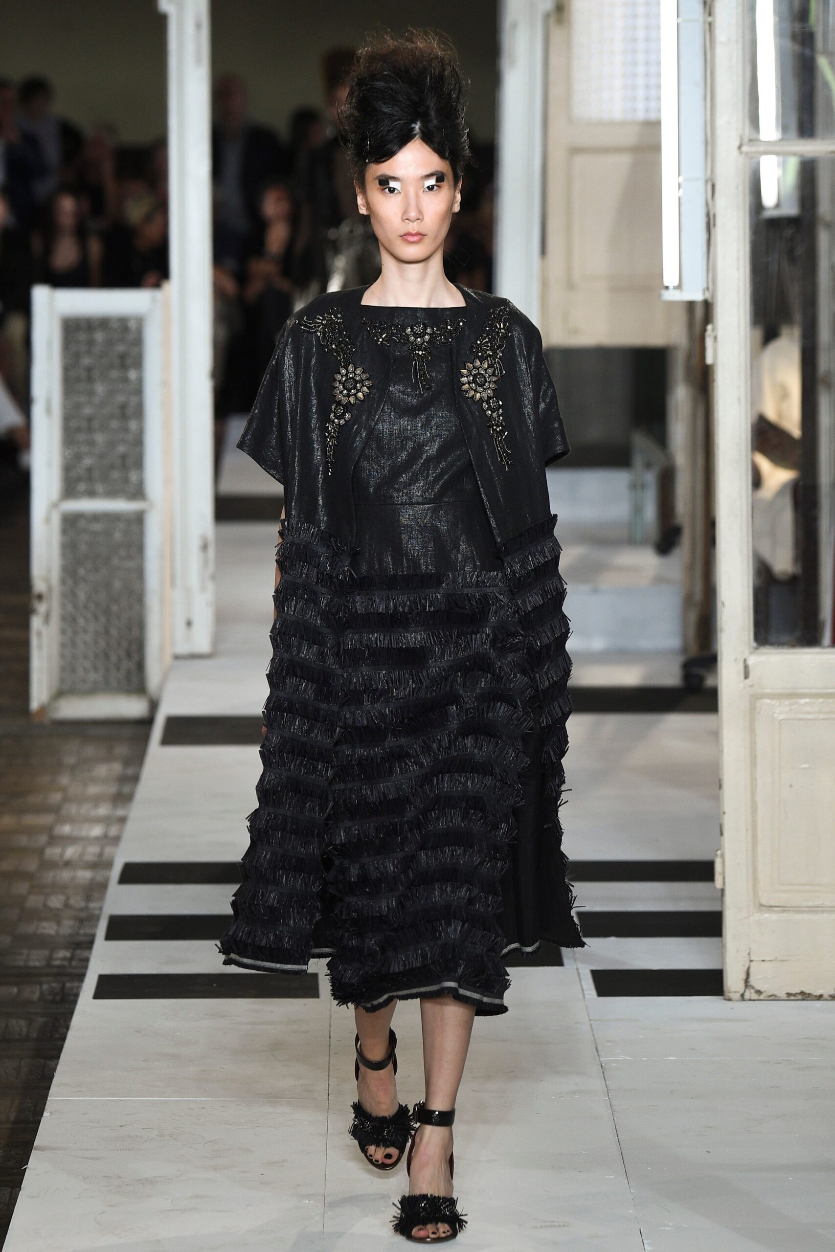 black leather short-sleeve structured embellished jacket
