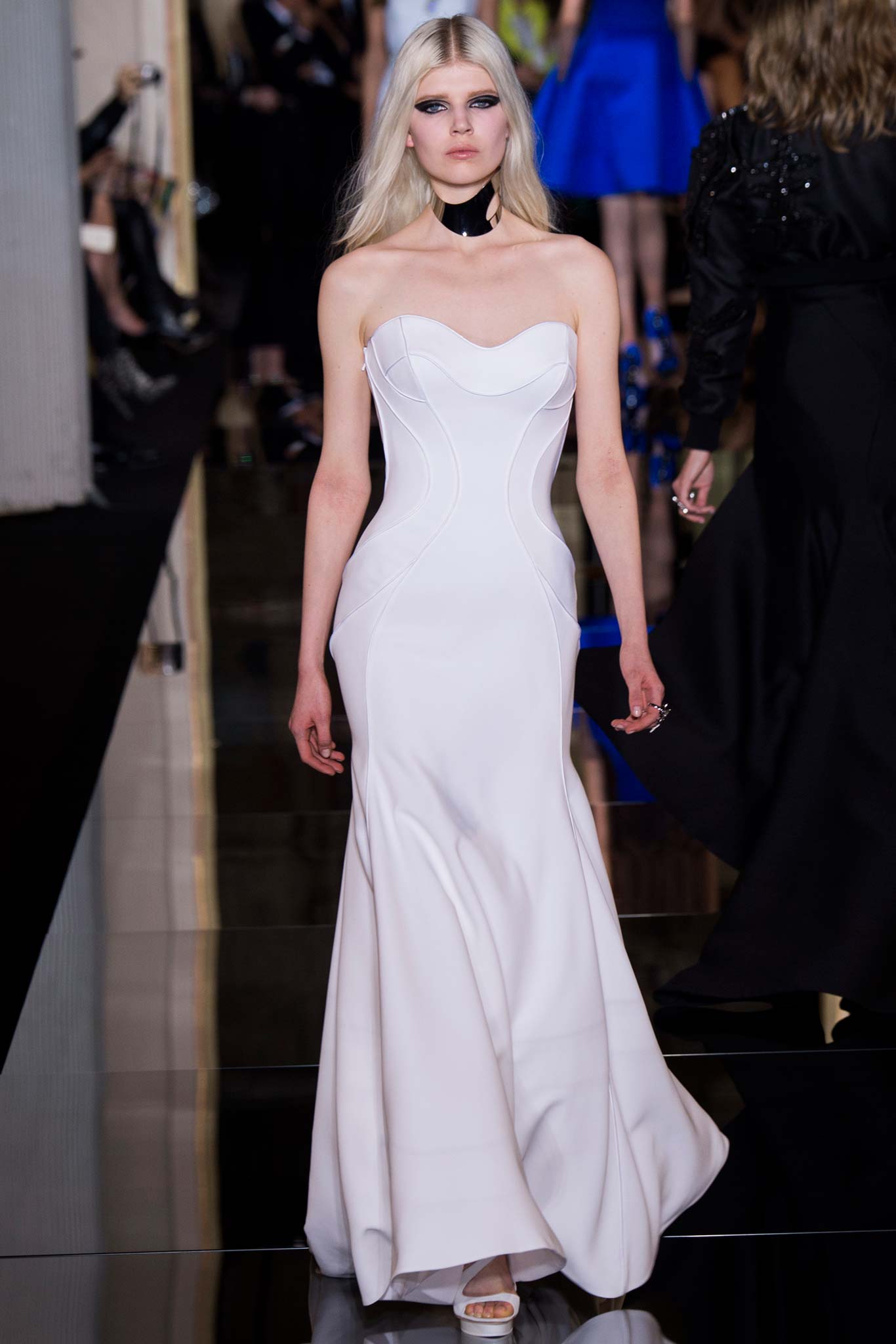white fitted strapless gown