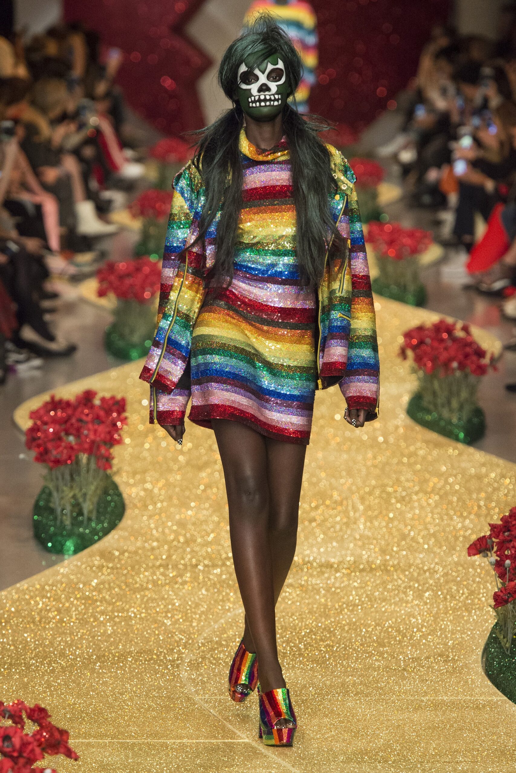 multi sequin long-sleeve high-neck fitted layered shiny dress