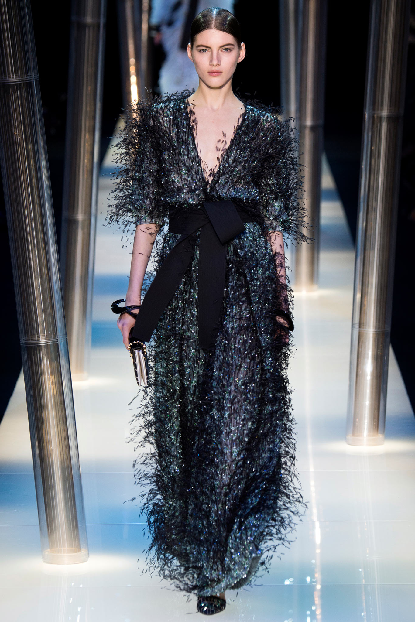 black gray feathered gown