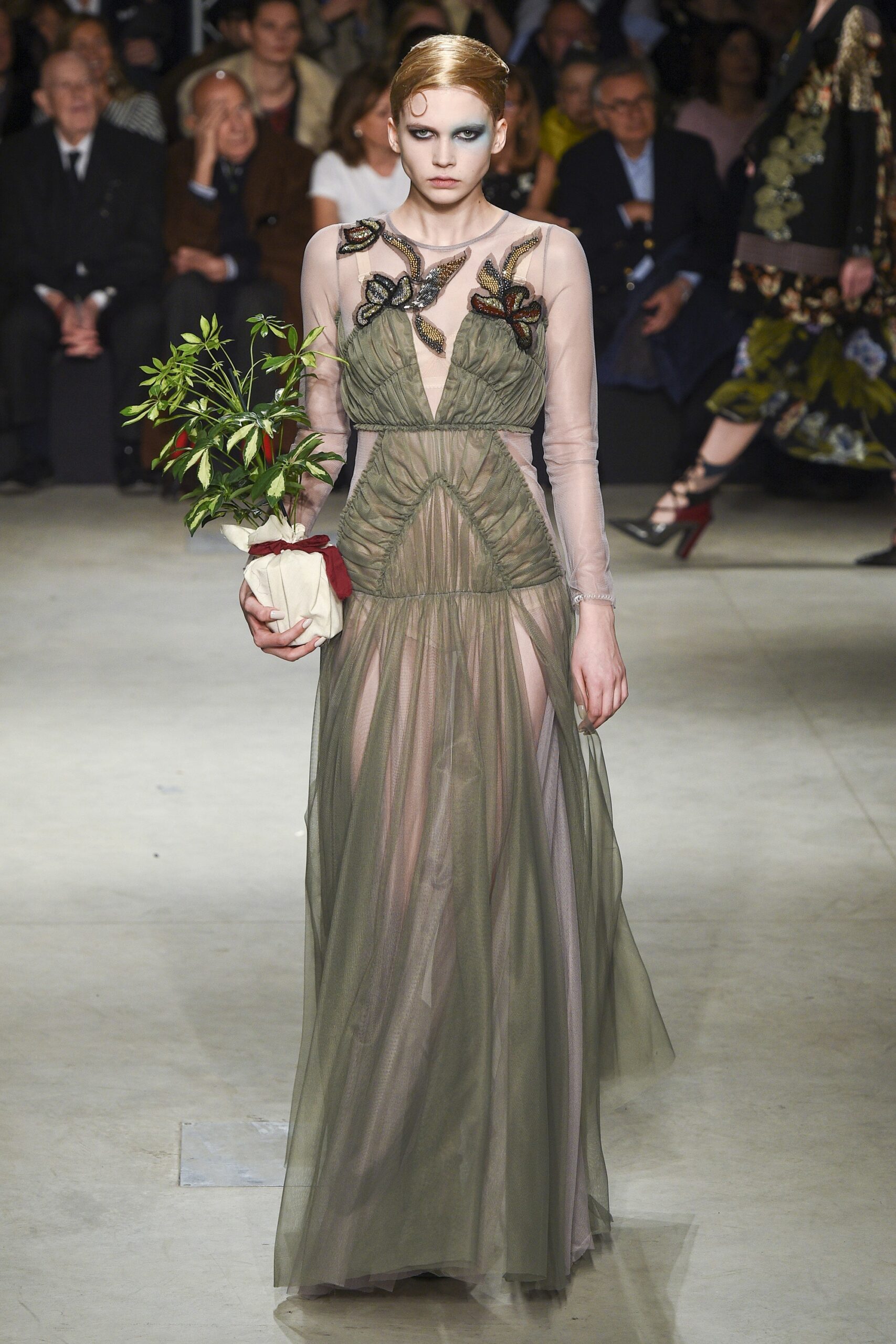 green silk sleeveless gown
