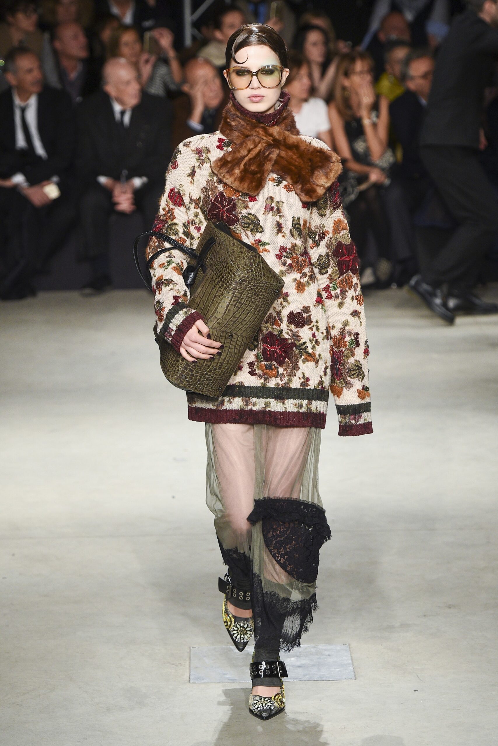 embroidered wool sweater with tulle skirt