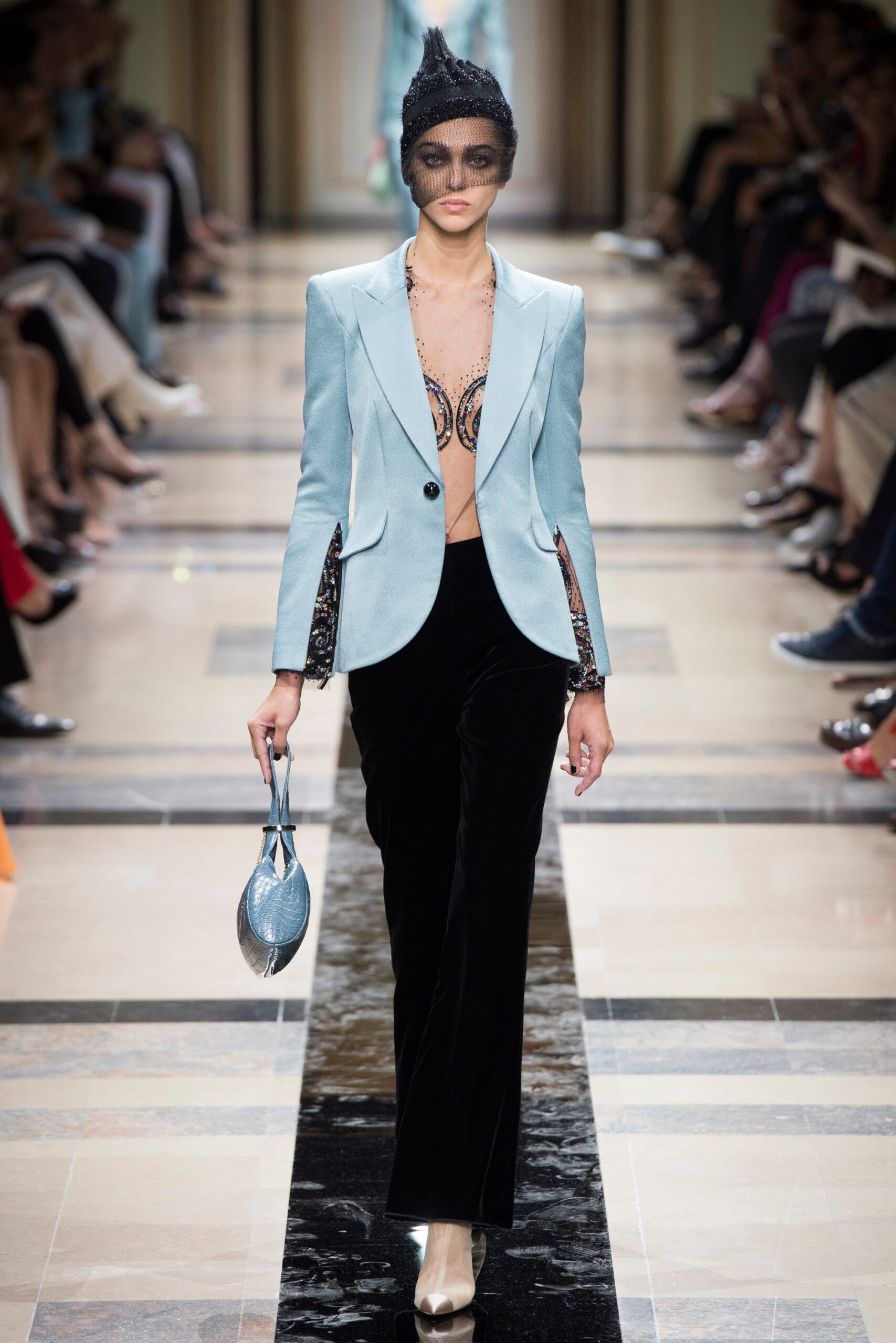 blue tailored blazer and black velvet pants