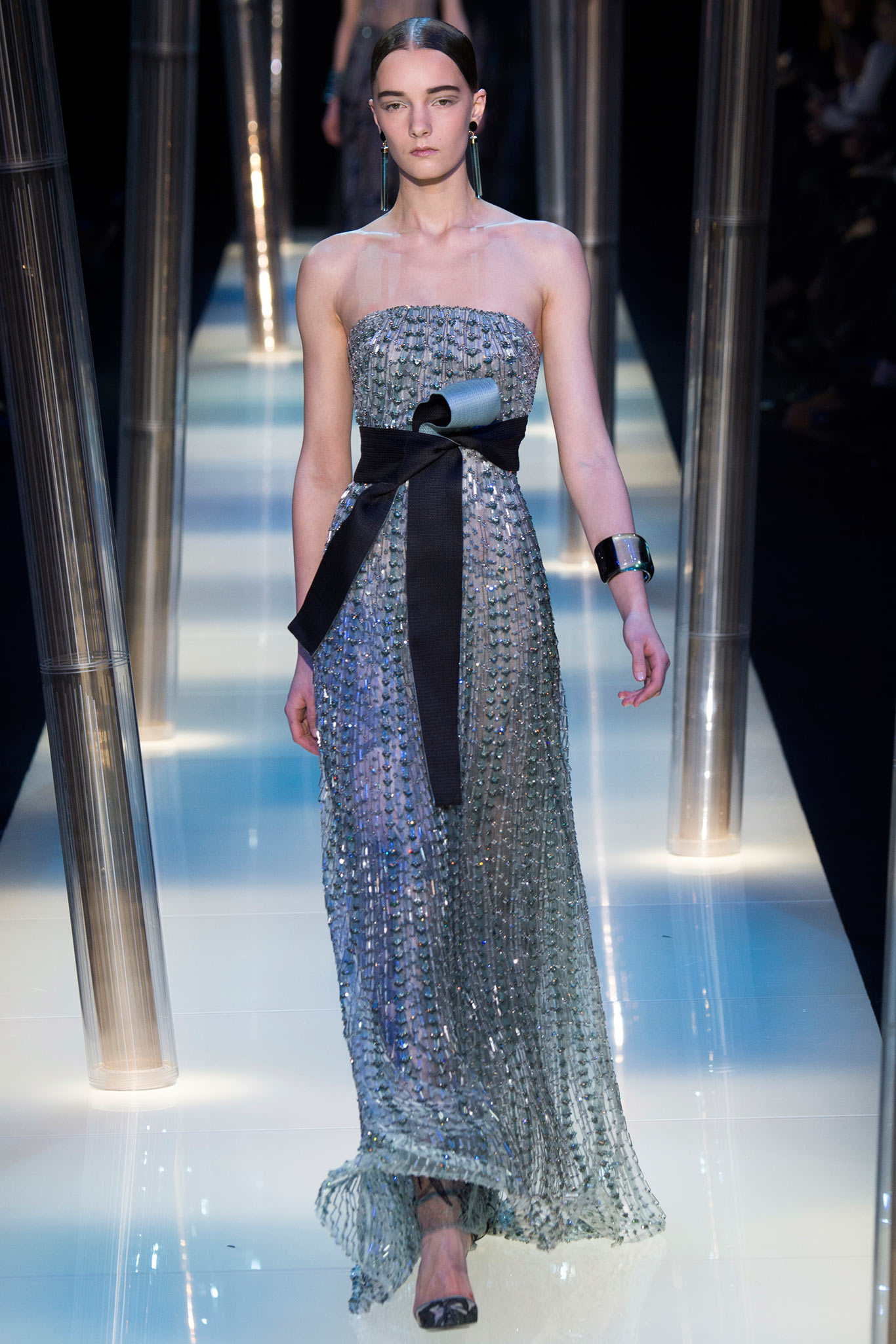 silver strapless pleated gown