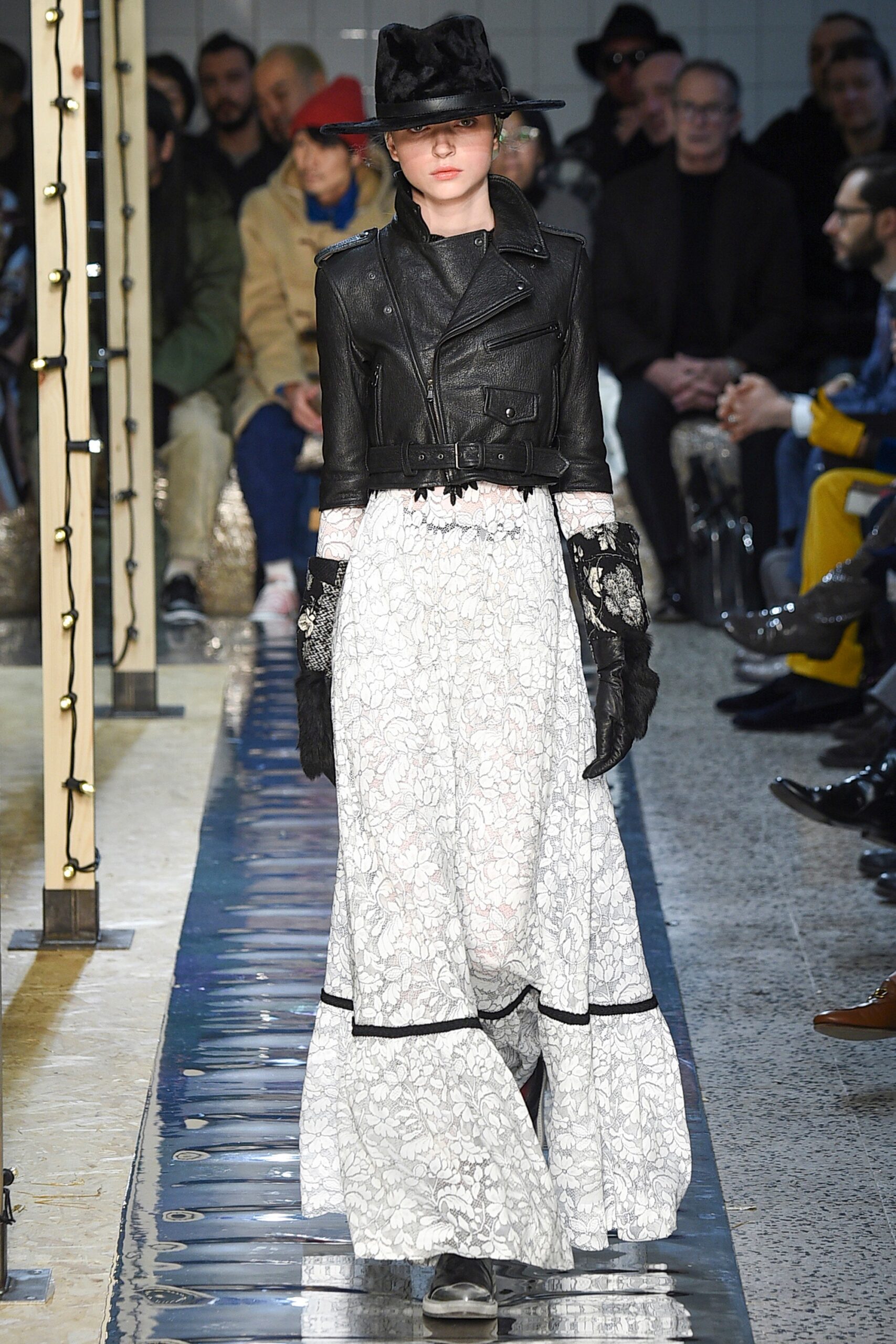 black leather jacket with white lace dress