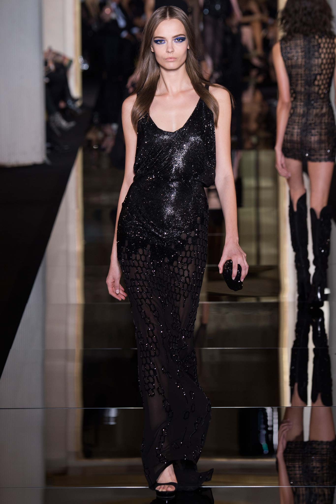 black sequined sleeveless gown