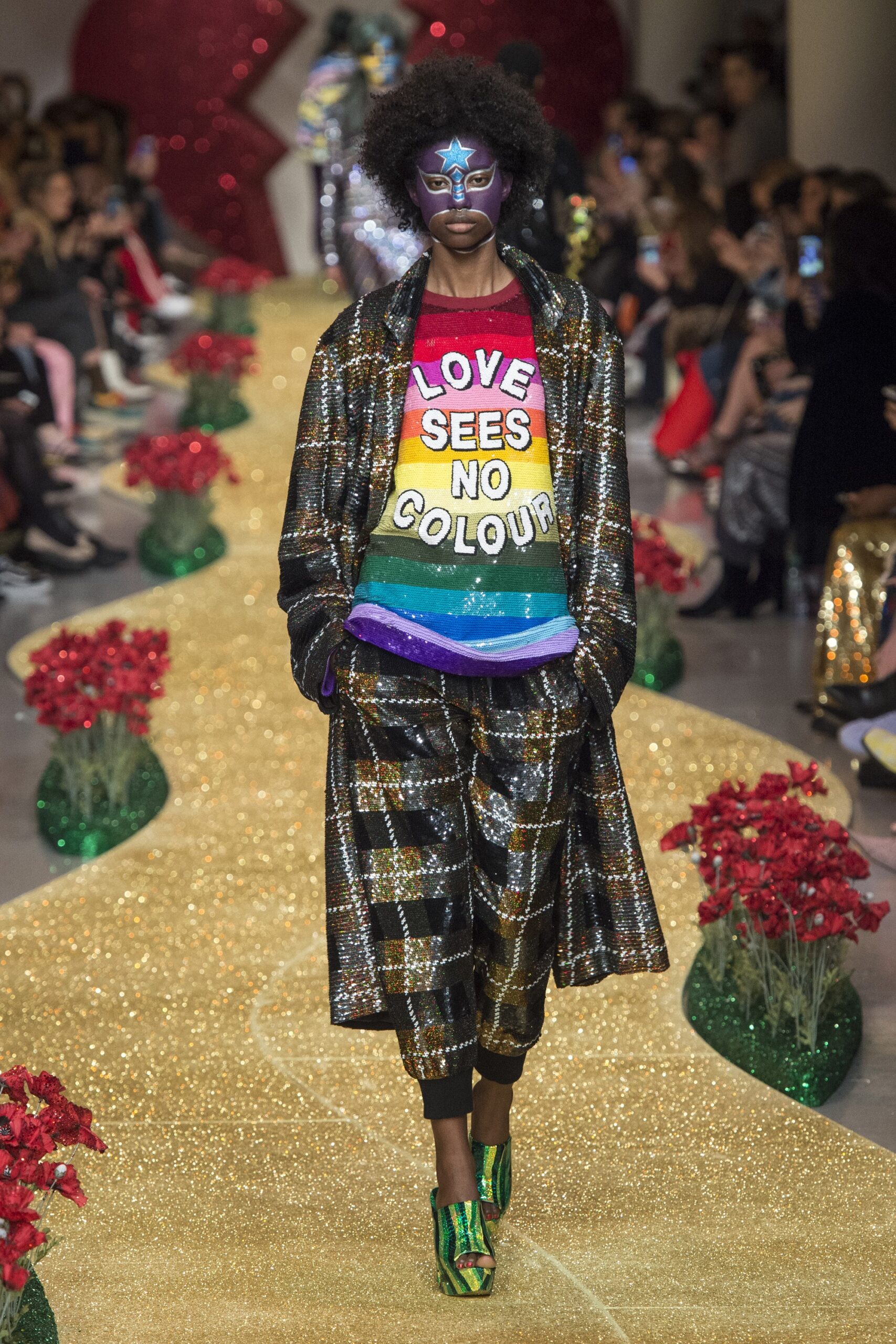 multi-colored printed top with oversized coat